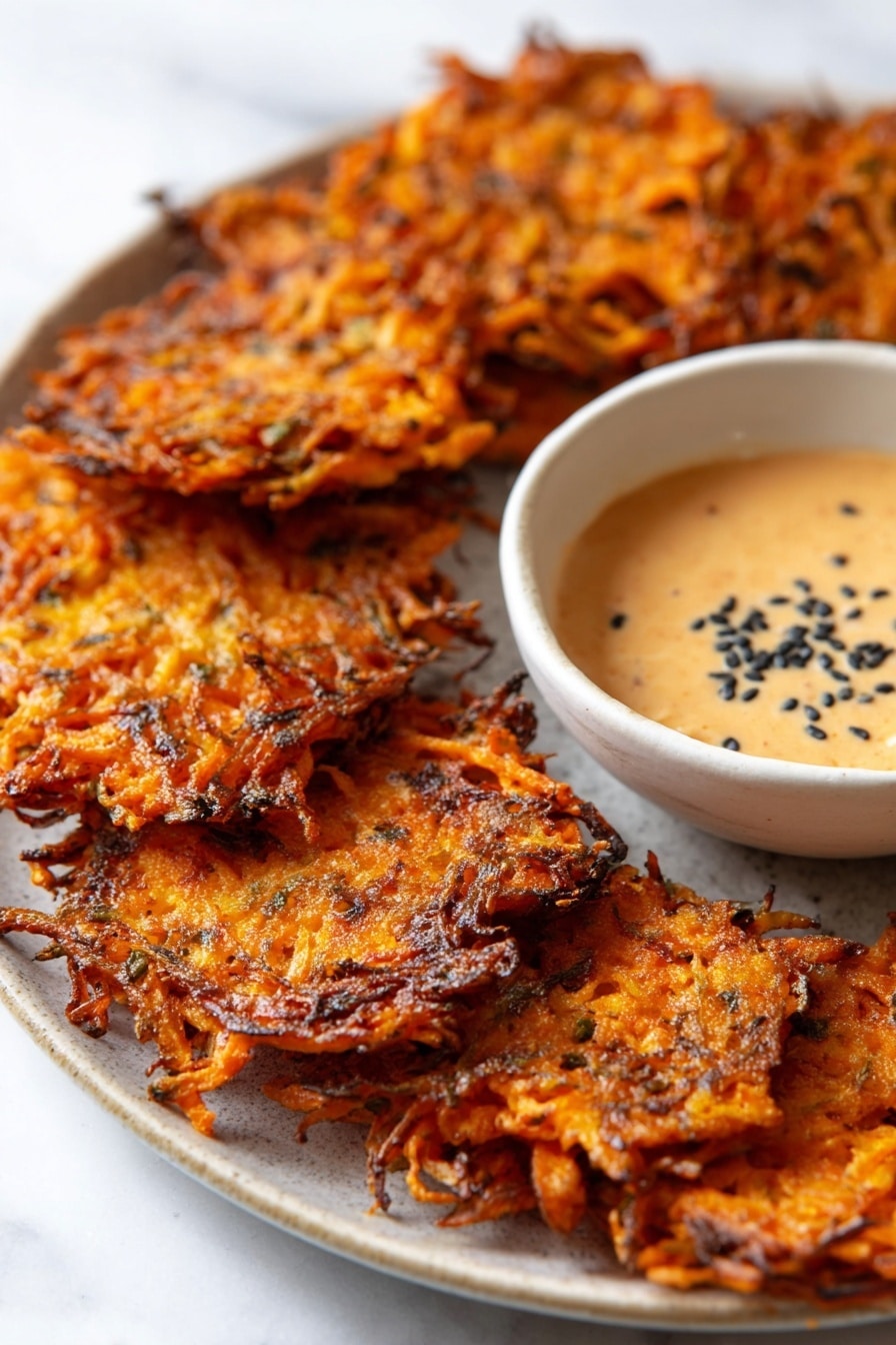 A close-up of a white plate filled with several thin, crispy orange-brown fritters made from shredded vegetables, each one showing a rough, uneven texture with browned edges. Next to the fritters on the plate is a small white bowl filled with a creamy light orange sauce topped with black seeds. The plate sits on a white marbled surface. photo taken with an iphone --ar 2:3 --v 7 - Baked Vegan Sweet Potato Hash Browns, vegan hash browns, crispy sweet potato hash, healthy vegan breakfast, plant-based hash browns