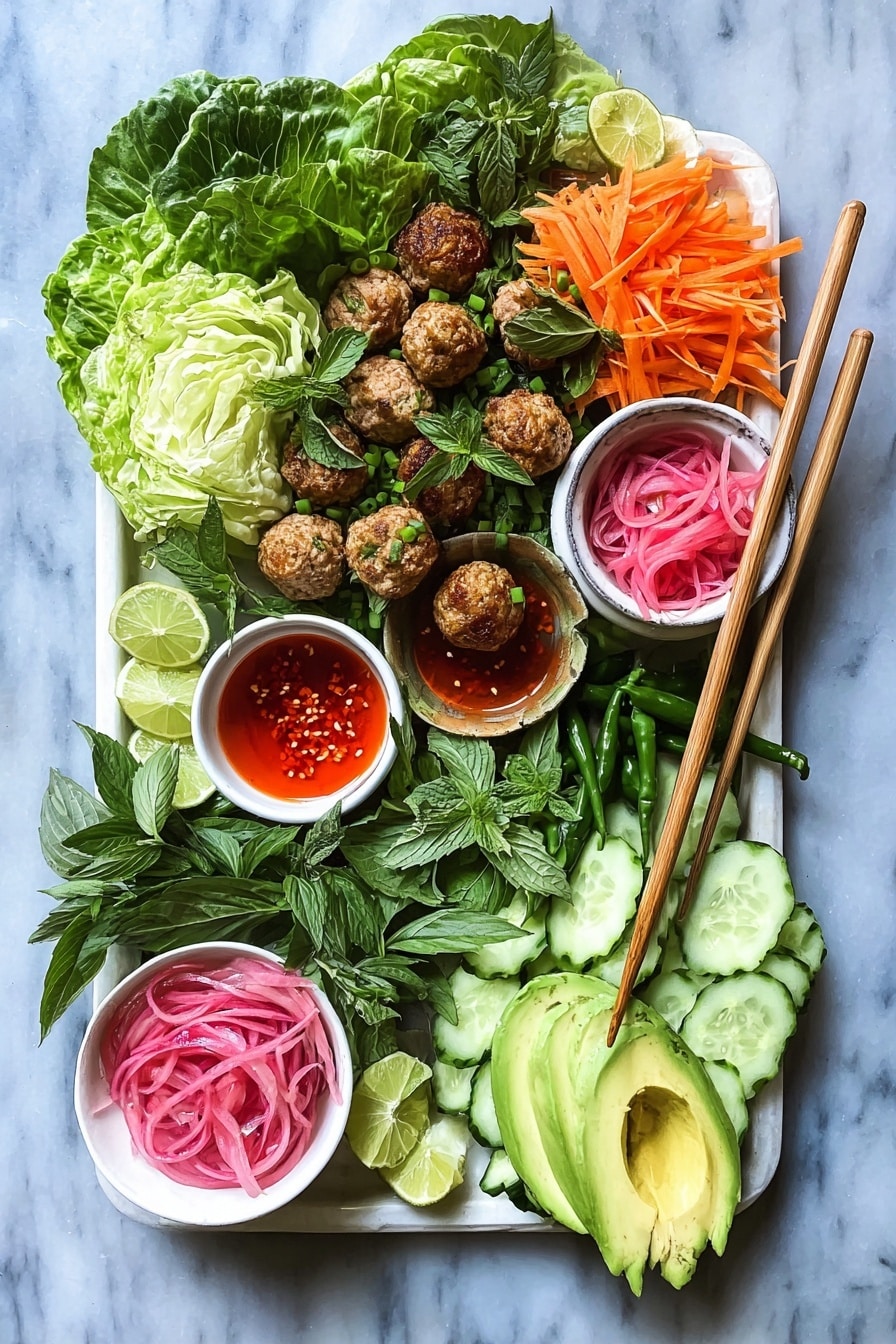 Three white bowls are filled with a clear broth soup containing about six to eight brown meatballs each and bright green baby bok choy pieces with visible stalks and leaves, floating on the surface. The bowls are arranged on a wooden table with a white bowl holding a bright red sauce and a small silver spoon inside it, placed near a set of shiny silver forks and chopsticks. The broth looks light and slightly oily, while the greens add fresh contrast and texture to the dish. photo taken with an iphone --ar 2:3 --v 7 - Asian Chicken Meatballs, healthy chicken meatballs, Asian-inspired dinner, flavorful chicken meatballs, easy Asian meatball recipe