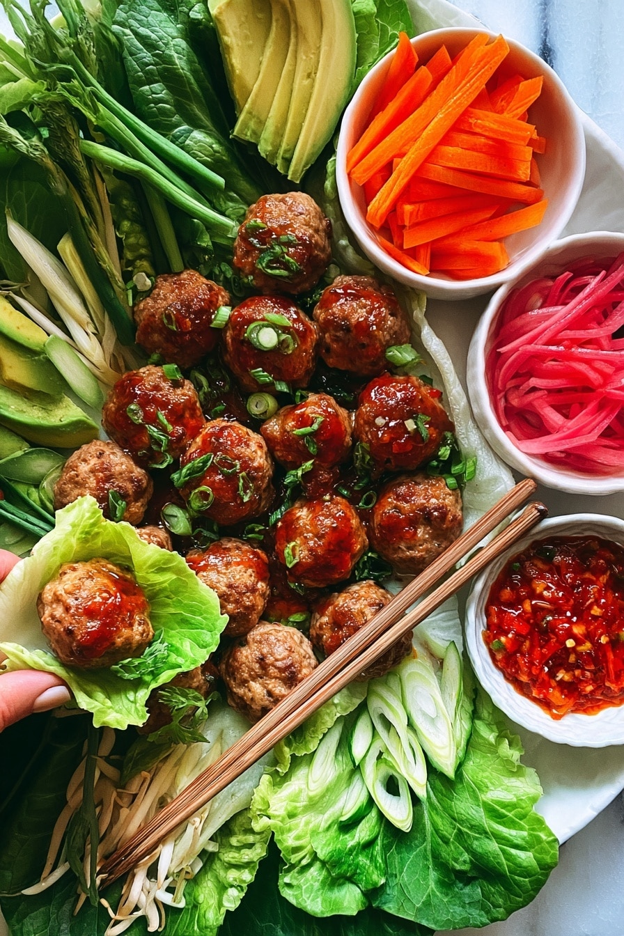A large white rectangular tray on a white marbled texture background holds an arranged selection of fresh foods. Along the edges are layers of green leafy lettuce, fresh green herbs like mint and basil, sliced green lime wedges, and sliced cucumber with a crunchy texture. The center layer features a pile of small golden-brown meatballs topped with fresh green herbs. There are four small white bowls placed on top: one filled with bright orange thin carrot strips, one with pink pickled onion slices, one with hot red chili sauce, and one with more pink pickled strips. Slices of ripe avocado with smooth green layers form a fan shape near the meatballs, while green chili slices add a sharp green color on one side. Wooden chopsticks rest diagonally on the tray with one end near the avocado and the other end resting on the lettuce. photo taken with an iphone --ar 2:3 --v 7 - Asian Chicken Meatballs, healthy chicken meatballs, Asian-inspired dinner, flavorful chicken meatballs, easy Asian meatball recipe