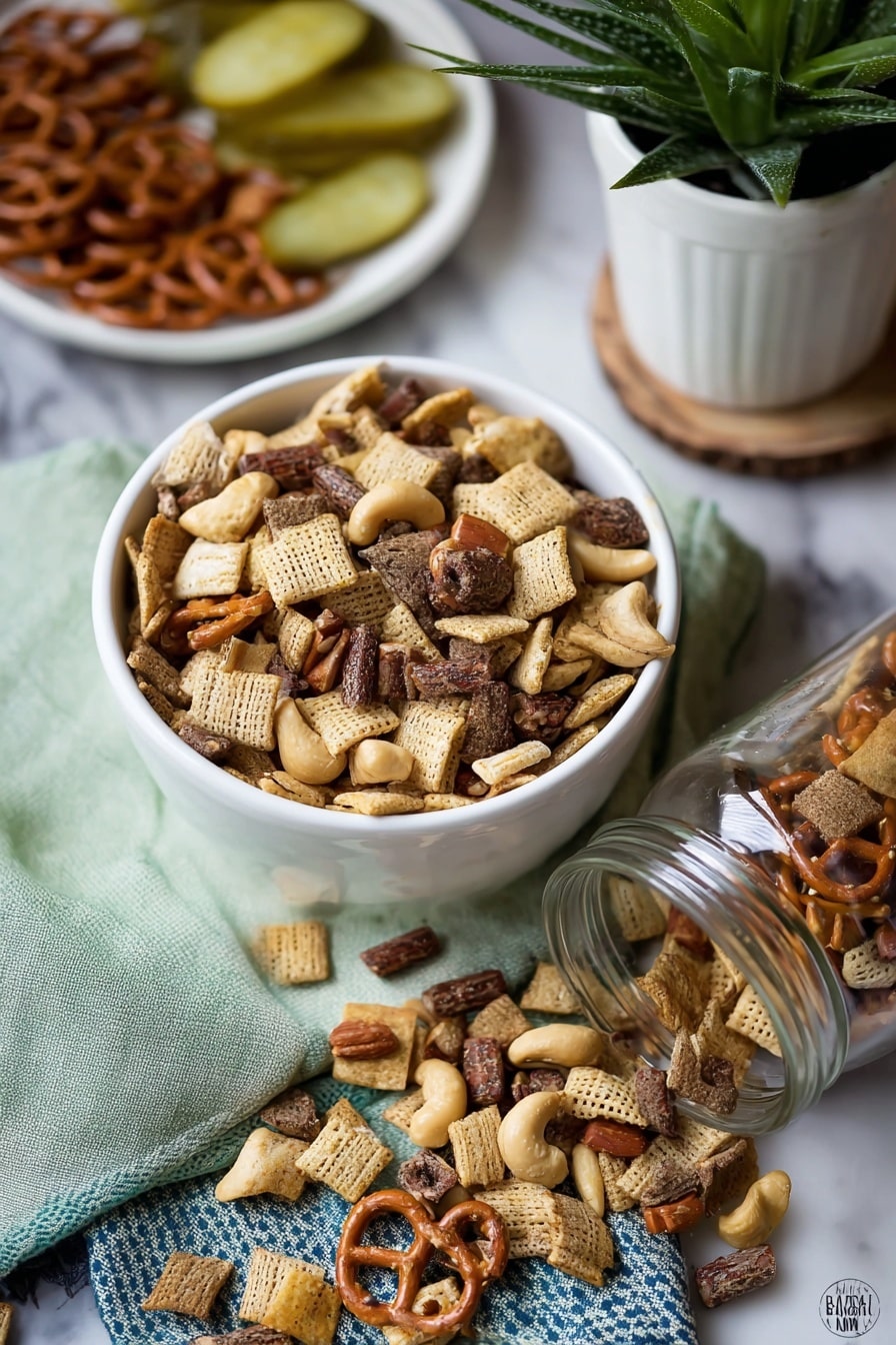 A white bowl filled with a mix of snacks including square light beige crackers, small brown crackers, mini pretzels, and some cashew nuts, showing a textured mix of rough and smooth surfaces. Next to the bowl, a glass jar lies on its side with the same snack mix spilling out onto a pale green cloth with dark blue trim. The snacks scattered show varied colors: light yellows, deep browns, and reddish pretzels. In the background, a white plate with pickles and a white pot with green plant leaves sit on a white marbled surface. Photo taken with an iphone --ar 2:3 --v 7 - Dill Pickle Snack Mix, dill pickle snack mix recipe, savory snack mix, easy snack recipes, crunchy pickle snack