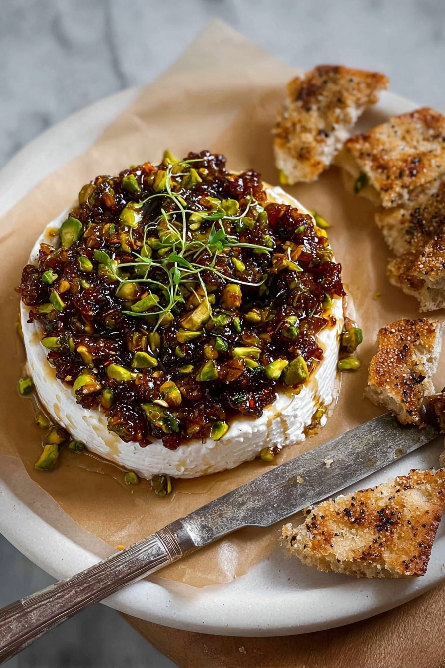 A white round cheese wheel sits on a piece of light brown parchment paper on a white plate with speckles. The cheese has a topping of a chunky mixture of green pistachios, dark brown nuts or dried fruits, and small green herb leaves placed at the center. On the right side of the cheese, some creamy, pale yellow melted cheese is spread with a silver knife resting on the edge of the plate. Surrounding the plate are pieces of flatbread, some browned in spots, and on the lower left side is a smaller white plate with some flatbread pieces spread with melted cheese and the nut topping. Two clear glasses filled with a light-yellow drink and ice are placed on the white marbled surface around the plates. photo taken with an iphone --ar 2:3 --v 7 - Baked Brie with Fig Jam and Pistachios, baked brie appetizer, easy cheese appetizer, fig jam cheese dip, festive appetizer recipes