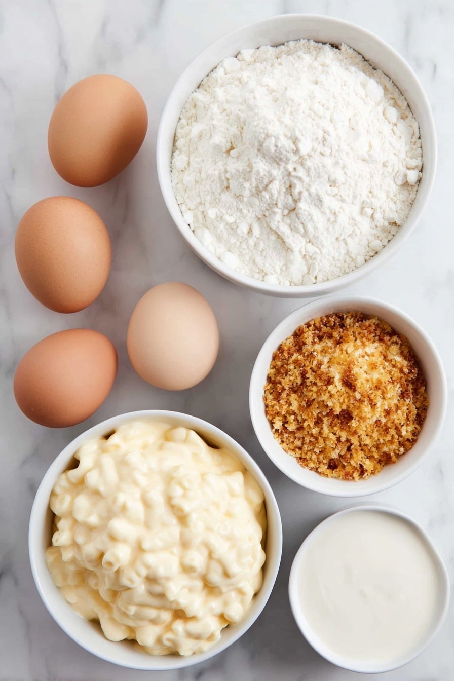Flat lay of cold creamy macaroni and cheese in a simple white ceramic bowl, a small white ceramic bowl with smooth all-purpose flour, two whole uncracked brown eggs, a small white ceramic bowl filled with golden toasted panko breadcrumbs mixed with a pinch of salt, and a small white ceramic bowl of ranch dressing, all arranged with perfect symmetry and balanced proportions, placed on a clean white marble surface, soft natural light, photo taken with an iPhone, professional food photography style, fresh ingredients, white ceramic bowls, no bottles, no duplicates, no utensils, no packaging --ar 2:3 --v 7 --p m7354615311229779997 - Baked Mac and Cheese Bites, crispy mac and cheese balls, baked cheese appetizer, easy mac and cheese bites, crispy cheese snacks