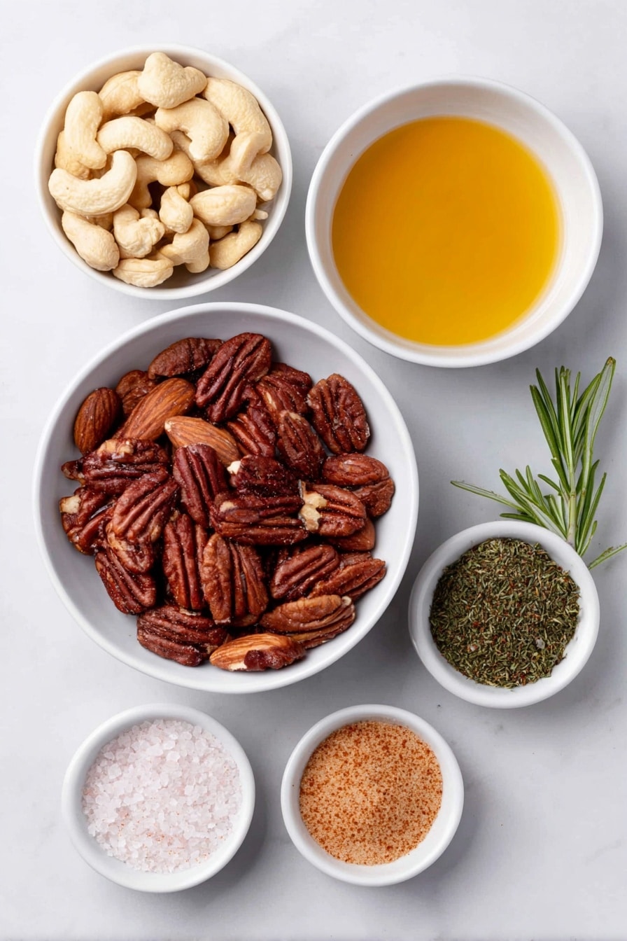 Flat lay of raw mixed nuts including cashews, walnuts, almonds, and pecans in a simple white ceramic bowl, a small white bowl containing golden melted coconut oil, a small white bowl filled with amber real maple syrup, a small white bowl holding light brown soft brown sugar, fresh green rosemary sprigs finely minced in a small white bowl, a small white bowl with coarse sea salt crystals, and a tiny white bowl with bright red chili powder, arranged symmetrically and balanced, placed on a clean white marble surface, soft natural light, photo taken with an iPhone, professional food photography style, fresh ingredients, white ceramic bowls, no bottles, no duplicates, no utensils, no packaging --ar 2:3 --v 7 --p m7354615311229779997 - Sweet and Salty Rosemary Roasted Nuts, flavorful nut snacks, easy roasted nuts recipe, healthy snack ideas, aromatic nut recipes
