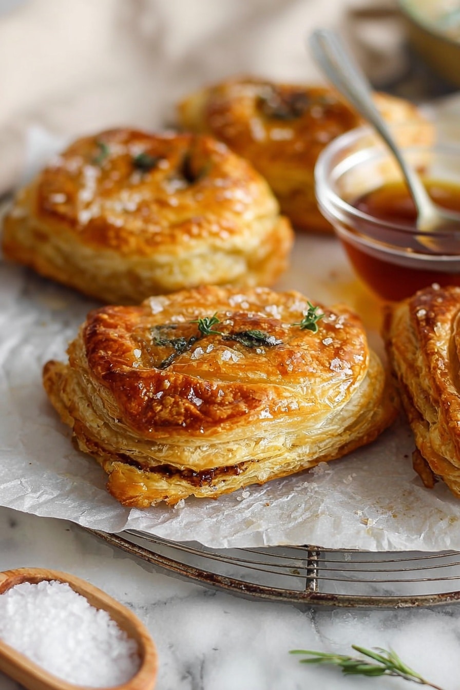 The image shows two golden brown puff pastries on a white marbled surface. One pastry is whole with a crispy, flaky texture and sprinkled with coarse salt and black pepper on top. The other pastry is placed on the whole one and broken open, revealing three thin layers of light golden, airy puff pastry filled with a green mixture of cooked spinach and creamy cheese inside. In the background, two more pastries are blurred out, laid on the same white marbled surface. A small sprig of fresh thyme is visible near the pastries. Photo taken with an iphone --ar 2:3 --v 7 - Vegan Spinach and Caramelized Onion Puff Pastry, vegan savory puff pastry, spinach and onion tart, dairy-free puff pastry recipe, easy vegan appetizer