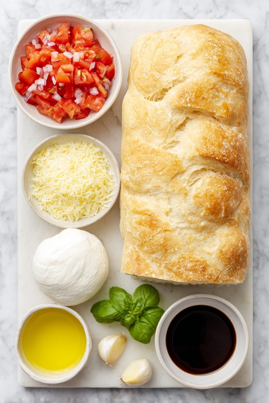 Flat lay of a small crusty loaf of ciabatta bread with a golden-brown crust sliced into thick pieces, a ball of fresh white mozzarella cheese with smooth texture, a small mound of finely grated pale yellow Parmesan cheese on a white ceramic plate, a handful of vibrant red diced tomatoes in a white ceramic bowl, a small portion of finely chopped deep purple-red onion in a white ceramic bowl, a few bright green fresh basil leaves loosely piled, a single peeled garlic clove with smooth white skin, a small white bowl filled with golden extra virgin olive oil, and a small white bowl containing glossy dark brown balsamic glaze, all arranged symmetrically on a clean white marble surface, soft natural light, photo taken with an iPhone, professional food photography style, fresh ingredients, white ceramic bowls, no bottles, no duplicates, no utensils, no packaging --ar 2:3 --v 7 --p m7354615311229779997 - Bruschetta Grilled Cheese Sandwiches, easy bruschetta grilled cheese, tomato basil grilled cheese, quick gourmet grilled cheese, appetizer grilled cheese recipes