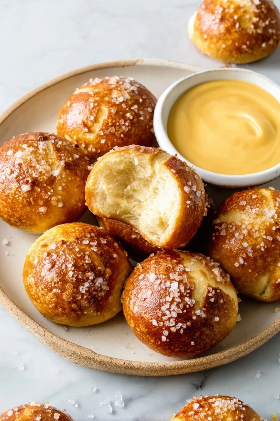 A white round plate with seven small, round pretzel bites that are golden brown with a shiny crust sprinkled with coarse salt. One pretzel bite is broken open in the center showing a soft, light yellow inside. Next to the pretzels, on the right side of the plate, there is a small white bowl filled with smooth, creamy yellow mustard. The plate is placed on a white marbled surface, and a few more pretzel bites are scattered around the plate. Photo taken with an iphone --ar 2:3 --v 7 - Cheddar Cheese Pretzel Bites, cheesy pretzel snacks, homemade pretzel bites, soft chewy pretzels with cheese, easy cheesy pretzel recipe
