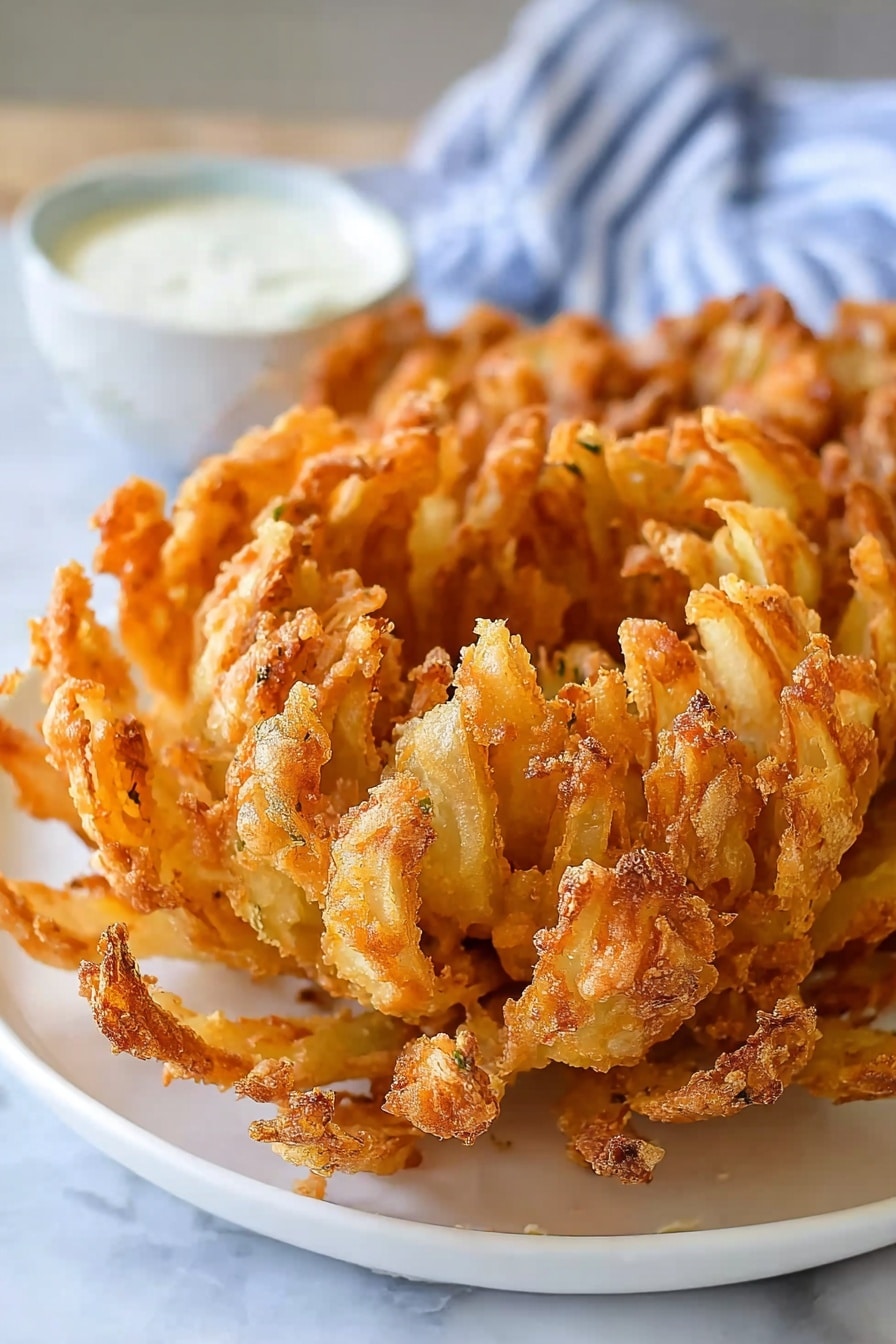 The image shows a close-up view of a golden brown fried blooming onion on a white plate. The onion is cut into many thick petal-like pieces that fan out, with each petal coated in a crispy, crunchy textured batter showing small bits and an uneven surface. The center of the onion is tightly layered with the petals gradually opening outward, giving a flower-like shape. In the background, there is a small white bowl with a creamy white dipping sauce. The setting is on a white marbled surface with a soft blue and white striped cloth blurred behind. Photo taken with an iphone --ar 2:3 --v 7 - Homemade Blooming Onion, crispy onion appetizer, homemade onion bloom, easy onion appetizer, onion ring recipe