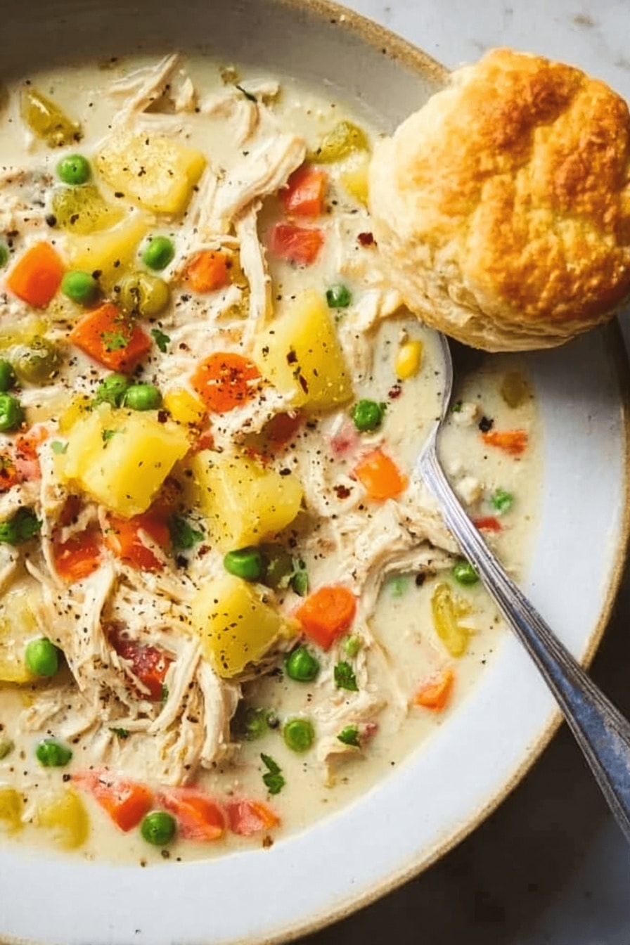 The image shows a white plate on a white marbled surface filled with a creamy soup. The soup has shredded chicken pieces mixed with bright orange carrot cubes, yellow potato chunks, and green peas scattered throughout. On the side of the plate, there is a golden-brown biscuit with a slightly cracked top, sitting close to the soup. A silver spoon is placed inside the soup near the edge of the plate, and some black pepper is sprinkled on top of the soup for garnish. photo taken with an iphone --ar 2:3 --v 7 - Slow Cooker Chicken Pot Pie Soup, chicken pot pie soup recipe, comforting chicken soup, easy slow cooker dinner, creamy chicken soup recipe