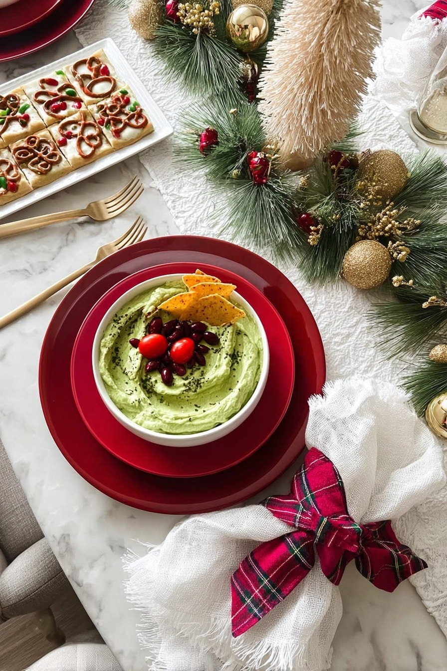 A white bowl filled with a creamy green dip topped with a few golden tortilla chips placed in the center; around the chips, there are several small bright red cherry tomatoes and scattered dark red pomegranate seeds on the green base; the dip texture looks smooth with some swirled areas. Next to the bowl is a place setting with two stacked red plates, a white napkin with frayed edges wrapped by a red and pink plaid fabric ring laying on the plates, and a gold fork to the left of the plates. The table has a white marbled surface with a white cloth runner adorned with green pine branches and red berries, and decorative golden balls are placed along the runner. In the background, a white plate holds square treats decorated with pretzels and red candies. A cream-colored bottle brush tree stands near the center. Photo taken with an iphone --ar 2:3 --v 7 - Festive Guacamole with Pomegranate & Tomatoes, holiday guacamole recipe, easy party dip, colorful fruit guacamole, quick festive appetizer
