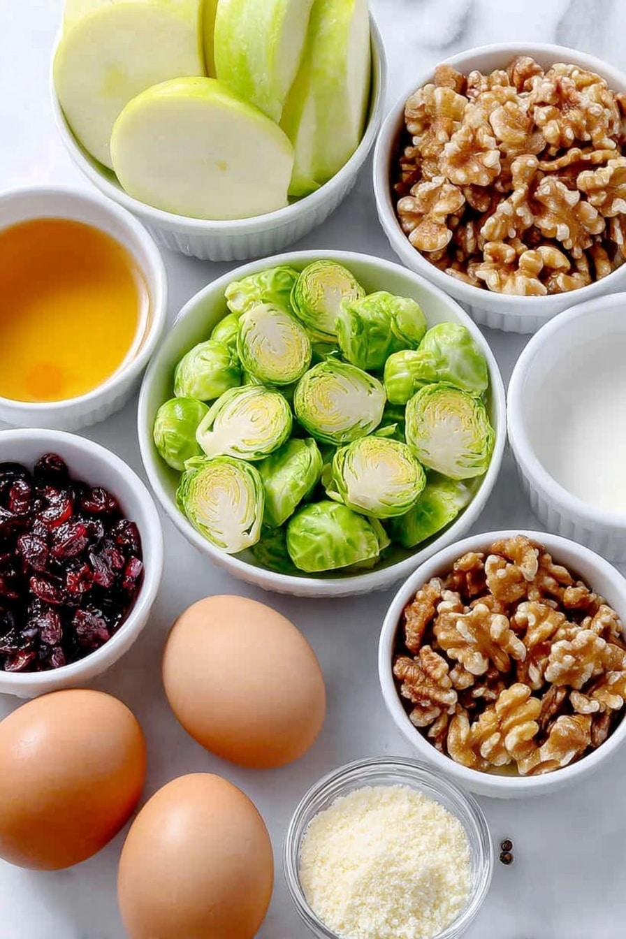 Flat lay of thinly sliced bright green Brussels sprouts, a crisp green Granny Smith apple sliced into matchstick pieces, a small pile of thinly sliced green onion rounds, a handful of plump dried cranberries, chopped toasted walnuts with rich browns and golden hues, a small white ceramic bowl with pale amber apple cider vinegar, a small white ceramic bowl with golden extra virgin olive oil, a small white ceramic bowl with deep amber pure maple syrup, a small white ceramic bowl filled with fine grated off-white Pecorino Romano cheese, two whole eggs with clean brown shells, coarse salt and black peppercorns neatly scattered, all arranged in perfect symmetry on a simple white ceramic plate, placed on a clean white marble surface, soft natural light, photo taken with an iPhone, professional food photography style, fresh ingredients, white ceramic bowls, no bottles, no duplicates, no utensils, no packaging --ar 2:3 --v 7 --p m7354615311229779997 - Crispy Brussels Sprouts Salad with Apples, healthy Brussels sprouts salad, easy autumn salad, crunchy Brussels sprouts apple salad, flavorful vegetarian salad