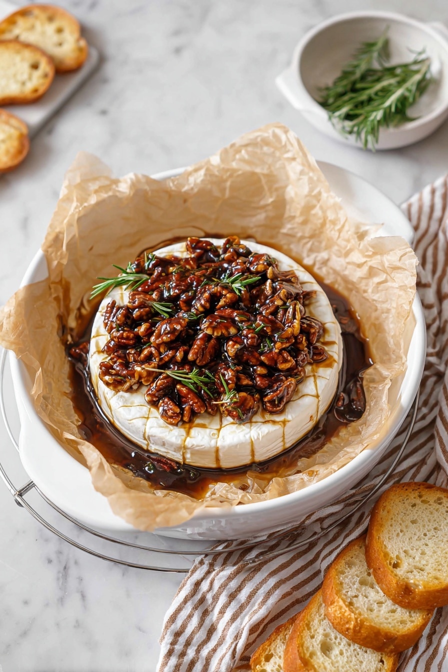 A white round cheese wheel sits in the center of a white round dish lined with crumpled beige parchment paper; the cheese has light grid marks on the top layer. On top of the cheese is a thick layer of toasted pecans, coated in a shiny dark caramel sauce. Small green rosemary leaves are sprinkled over the nuts and cheese, adding color contrast. Dark caramel sauce pools around the base of the cheese on the parchment paper. The dish is placed on a white marbled surface with a striped brown and white cloth to the right and a small white bowl with fresh rosemary sprigs above. Below the dish, three golden toasted slices of bread rest on a metal cooling rack. photo taken with an iphone --ar 2:3 --v 7 - Maple Pecan Baked Brie, baked brie appetizer, fall appetizer recipes, holiday cheese platter ideas, easy cheese appetizer