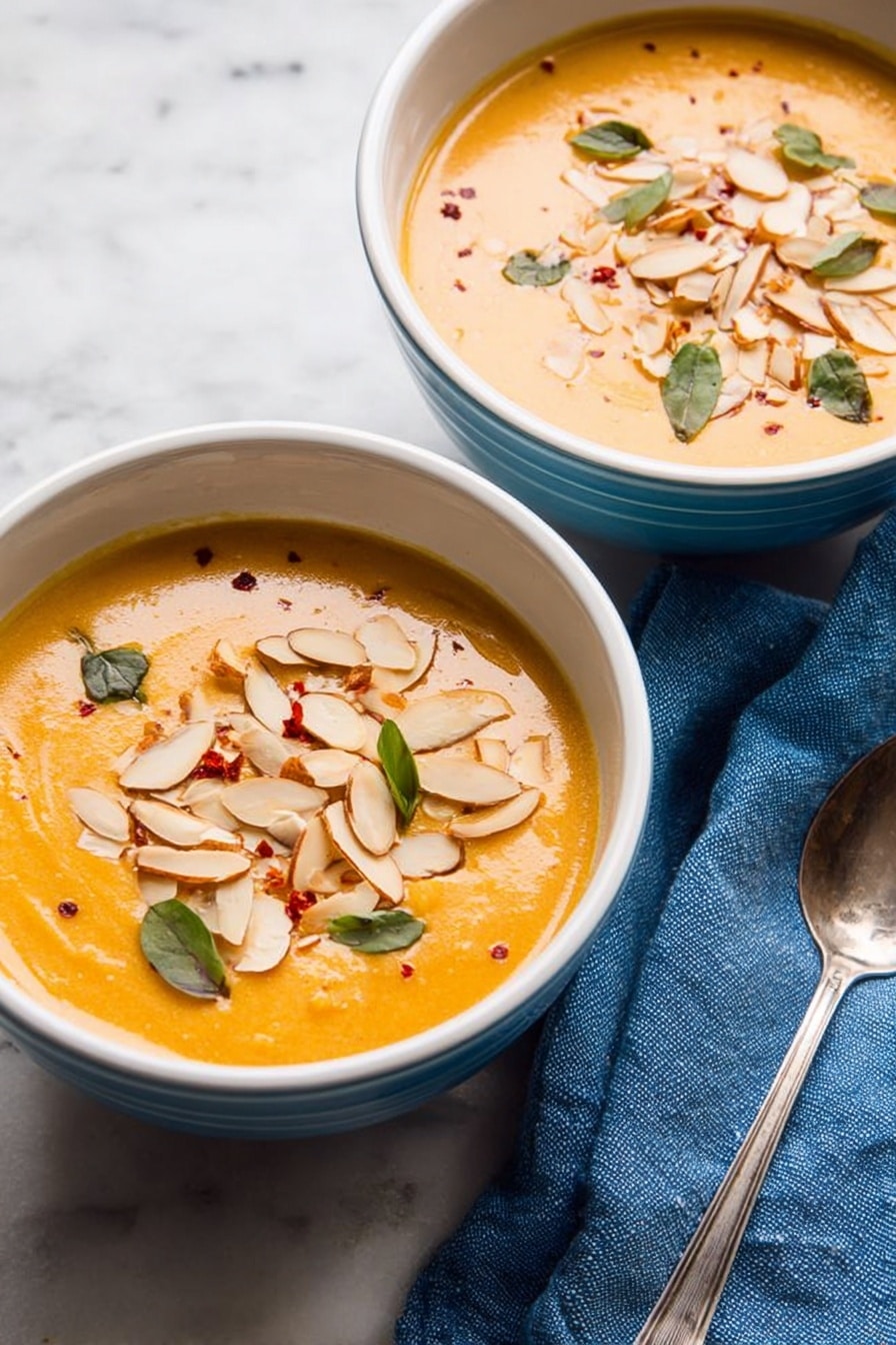 Two white bowls filled with smooth orange soup, each topped with a layer of light brown sliced almonds, scattered small green leaves, and tiny pieces of red chili flakes. The soup's texture looks creamy and thick, filling most of each bowl. One bowl is slightly in front and to the right, with a silver spoon inside showing a shiny handle. The bowls sit on a white marbled surface with a blue cloth napkin beside them. The photo taken with an iphone --ar 2:3 --v 7 - Instant Pot Thai Butternut Squash Soup, Thai butternut squash soup recipe, spicy butternut squash soup, quick healthy soup, cozy fall soup