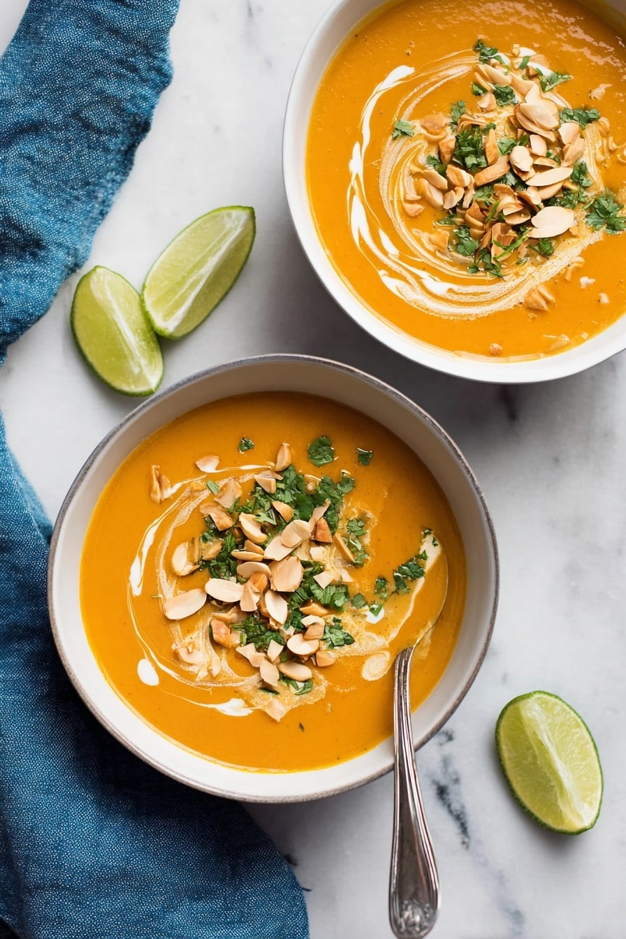 Two white bowls filled with smooth orange soup sit on a white marbled surface. Each bowl has a swirl of white cream in the soup, topped with chopped green herbs and thinly sliced toasted almonds. One bowl has a slice of lime and a silver spoon resting on the edge. Two lime wedges are placed nearby on the surface. A blue linen cloth lies beside the bowls. photo taken with an iphone --ar 2:3 --v 7 - Instant Pot Thai Butternut Squash Soup, Thai butternut squash soup recipe, spicy butternut squash soup, quick healthy soup, cozy fall soup