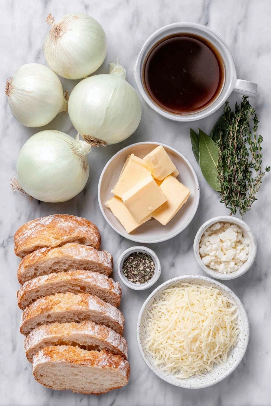 Flat lay of three large white onions, a few pats of fresh butter, a small white bowl filled with rich beef broth, a small white bowl with dark Worcestershire sauce, one peeled garlic clove minced, a small white bowl containing amber dry sherry, four fresh sprigs of thyme, one fresh bay leaf, eight slices of rustic French bread, a small white bowl with shredded Gruyere cheese, a small white bowl with shredded Emmental cheese, and a small white bowl with shredded Parmesan cheese, all arranged symmetrically with perfect balance, placed on a clean white marble surface, soft natural light, photo taken with an iPhone, professional food photography style, fresh ingredients, white ceramic bowls, no bottles, no duplicates, no utensils, no packaging --ar 2:3 --v 7 --p m7354615311229779997 - Crockpot French Onion Soup with Cheese, slow cooker onion soup, easy French onion soup recipe, cheesy onion soup, comforting slow cooker soup