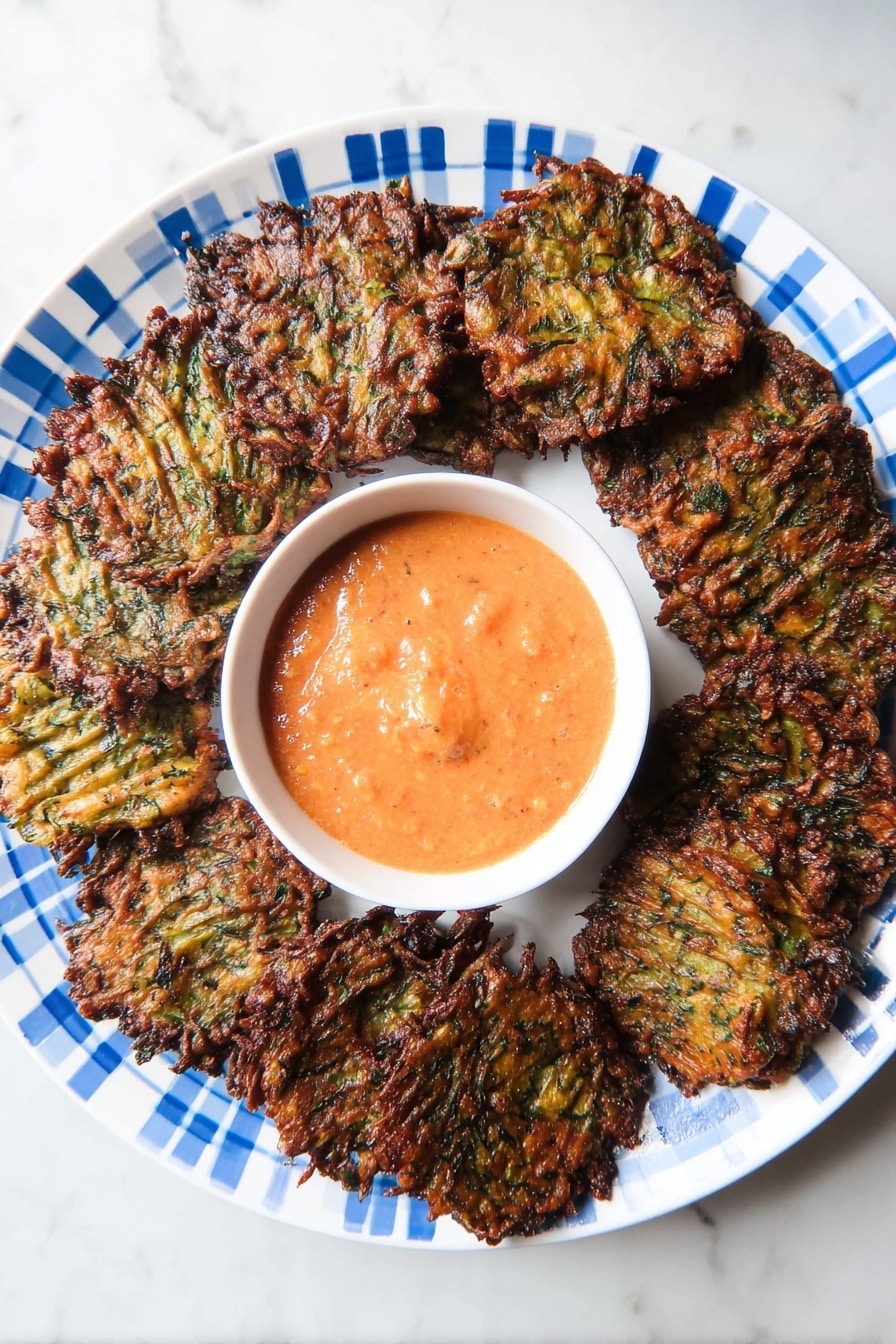 A white plate with blue checkered pattern holds about 18 dark brown and green fritters arranged in a circle around a small white bowl filled with light orange chunky sauce. The fritters have a textured, ribbed surface with some shiny, crisp edges. The plate sits on a white marbled surface. photo taken with an iphone --ar 2:3 --v 7 - Baked Brussels Sprouts Latkes, Brussels Sprouts Latkes, Healthy Baked Latkes, Vegetable Latkes, Crispy Brussels Sprouts Pancakes