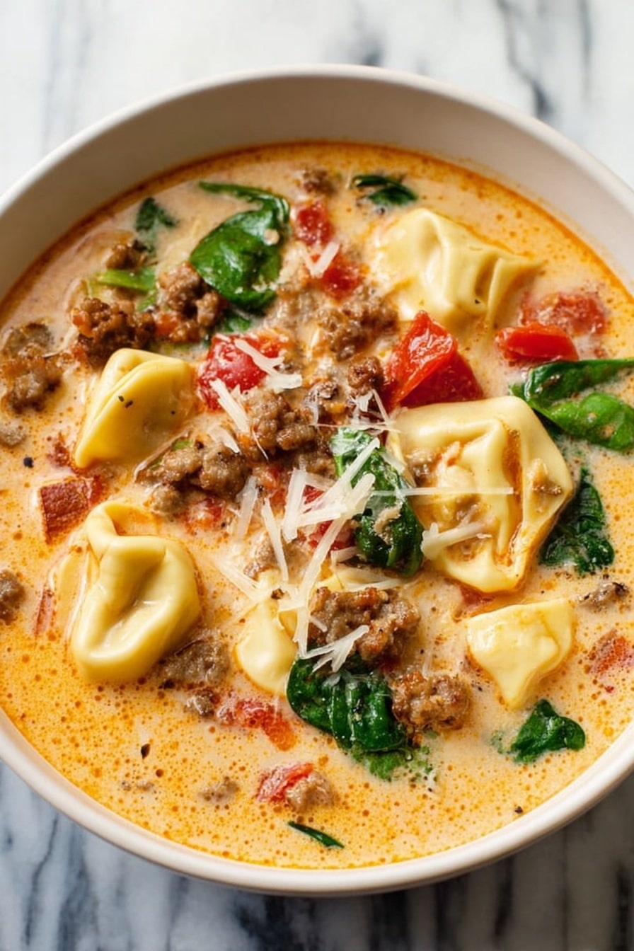 A close-up view inside a black pot filled with creamy soup showing three main layers: the creamy orange broth with specks of herbs and oil droplets forms the base layer; scattered chunks of light brown sausage, green spinach leaves, and red tomato pieces sit floating inside the soup as the middle layer; the top layer shows white tortellini pasta pieces with soft, curved shapes partially submerged and covered by the creamy broth. A silver ladle lifts a mix of these ingredients, focusing on a cluster of tortellini, sausage, spinach, and tomato. The background is a white marbled texture. Photo taken with an iphone --ar 2:3 --v 7 - Italian Sausage Tortellini Soup, cheesy tortellini soup, savory sausage soup, quick comforting soup, creamy tomato tortellini soup
