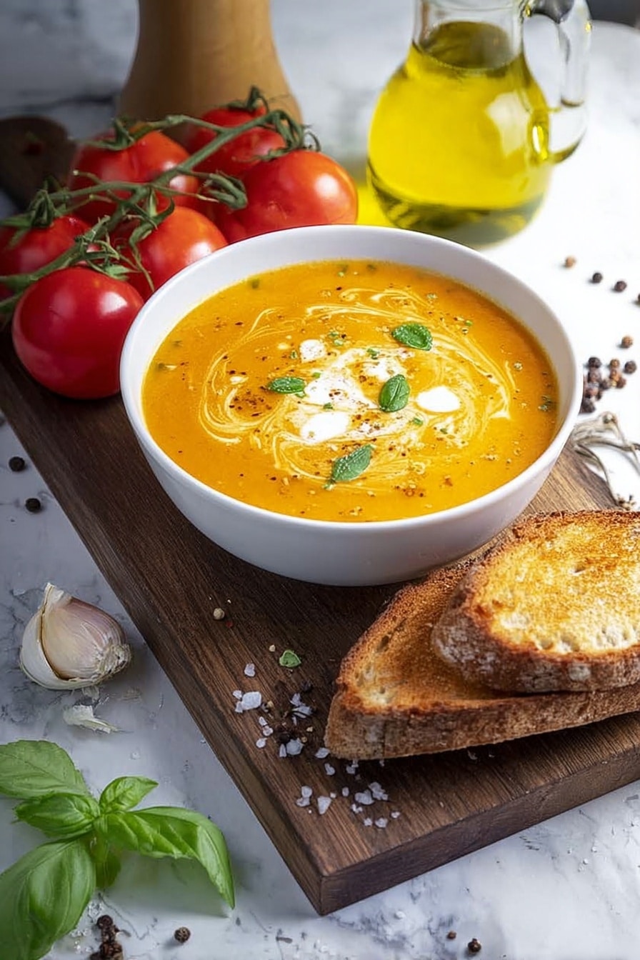 A white bowl filled with three layers of creamy orange soup, topped with swirls of white cream and small green herb pieces scattered on top. The bowl sits on a wooden tray with a silver spoon on the right side and a small round piece of toasted brown bread behind it. On the left side, there is a bunch of red cherry tomatoes on the vine with some loose peppercorns and salt crystals scattered on a white marbled surface. Fresh green basil leaves and a peeled garlic clove are placed near the bowl, and a glass of golden olive oil is seen in the upper right corner. photo taken with an iphone --ar 2:3 --v 7 - Creamy Roasted Tomato Soup, roasted tomato soup recipe, easy tomato soup, comforting tomato soup, homemade tomato soup