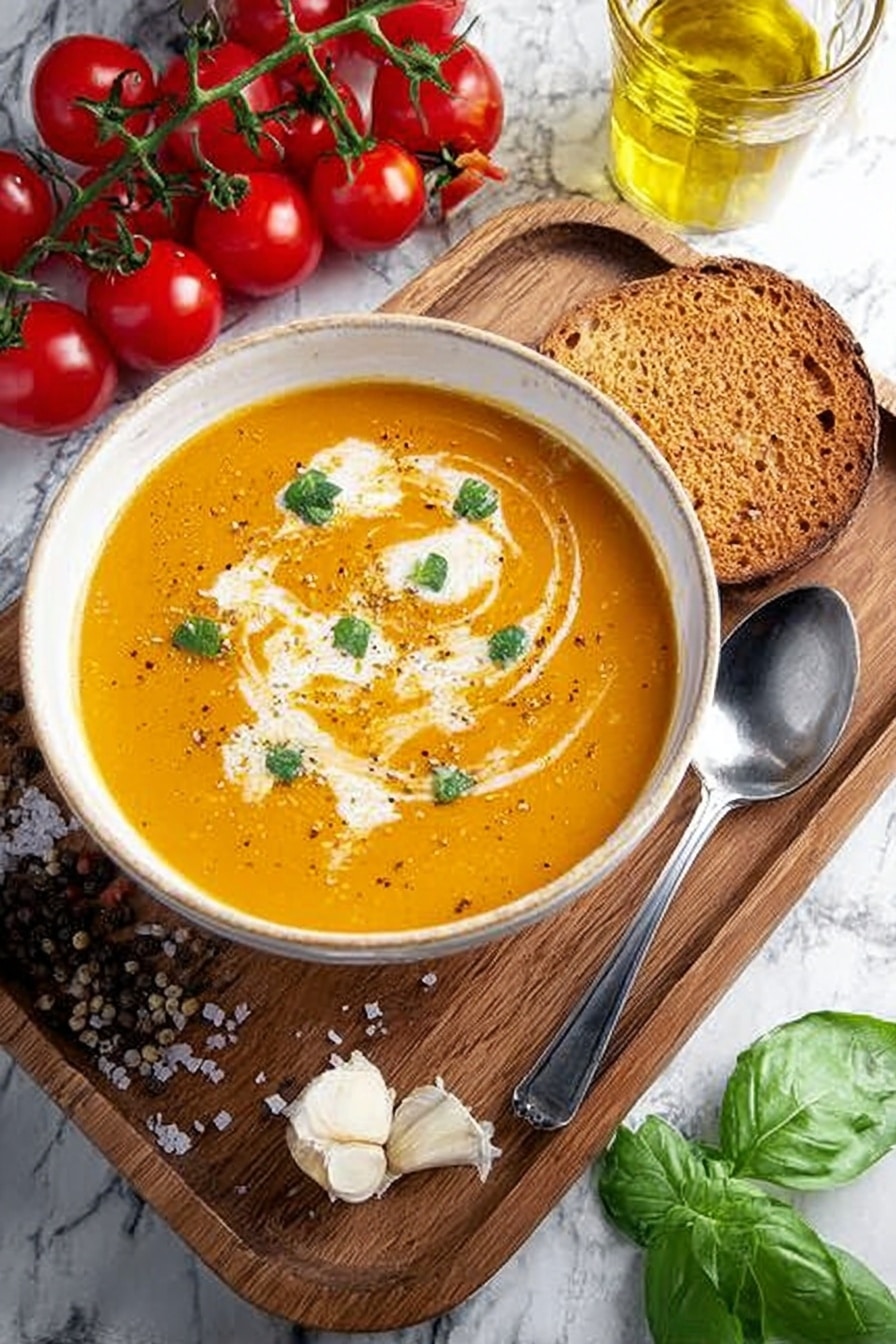 A woman's hand is holding a toasted thick slice of bread with a golden-brown crispy crust and airy white inside, dipping it into a bowl of creamy orange soup with visible herbs floating on the surface. The bowl is white and sits on a wooden board next to fresh red tomatoes and green basil leaves. In the background, there is a glass container with yellow olive oil, all placed on a white marbled surface. photo taken with an iphone --ar 2:3 --v 7 - Creamy Roasted Tomato Soup, roasted tomato soup recipe, easy tomato soup, comforting tomato soup, homemade tomato soup