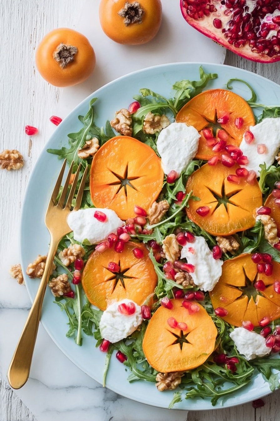 An oval white plate holds a salad with several layers. The base layer is green leafy salad, scattered with brown walnuts and bright red pomegranate seeds. On top, there are many flat, round orange slices of persimmon, each showing a star-like pattern in the center. White dollops of creamy cheese are placed evenly over the salad, creating a soft contrast against the orange and green. The plate sits on a white marbled surface with a mustard-yellow checkered cloth folded nearby, along with whole and halved persimmons and pomegranates. A golden salad serving fork rests on the edge of the plate, and a white pepper mill stands in the background. photo taken with an iphone --ar 2:3 --v 7 - Persimmon Burrata Salad with Balsamic Dressing, persimmon salad, burrata cheese salad, easy fall salads, fresh fruit salad recipes