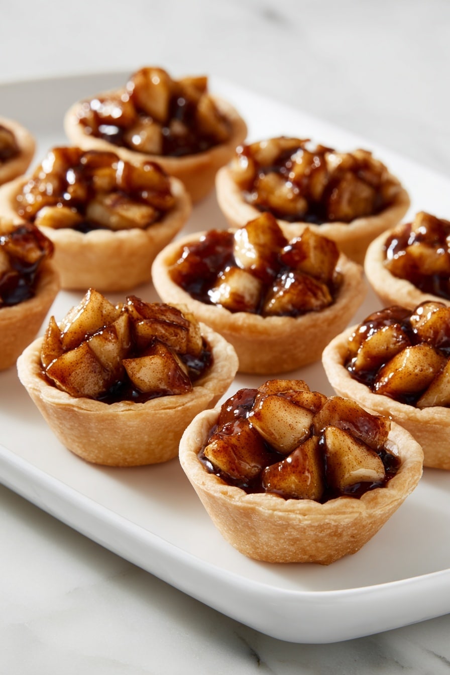 A group of small tarts arranged on a white tray with a smooth finish, each tart featuring a golden-brown pastry crust forming a thick cup shape. Inside the crust are many small, uneven pieces of cooked apple, coated in a shiny, dark caramel-colored sauce with a slightly sticky texture. The apples have a soft but noticeable texture, with some pieces showing light yellow skin and others more deeply browned from cooking, each tart filled to just below the rim. The tray sits on a white marbled surface that reflects soft light, giving a clean and bright look. photo taken with an iphone --ar 2:3 --v 7 - Mini Apple Tarts with Flaky Pie Dough, apple tart recipe, bite-sized apple desserts, easy apple tart recipe, homemade mini apple tarts