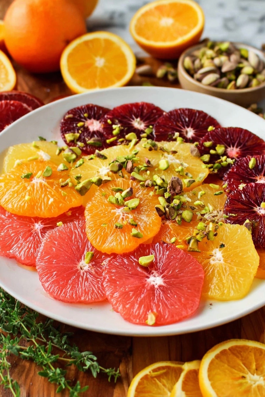 A white plate holds a colorful fruit salad consisting of three layers of citrus slices. The bottom layer is light pink grapefruit segments spread out evenly. The middle layer has bright orange slices arranged on top, and the top layer features deep dark red blood orange slices. Scattered across the fruit are chopped green pistachios adding texture and color contrast. The plate sits on a wooden table with sliced citrus fruits and fresh green herbs around it. The background is a white marbled texture. Photo taken with an iphone --ar 2:3 --v 7 - Spicy Citrus Salad with Pistachios, citrus salad with pistachios, spicy citrus fruit salad, quick healthy citrus salad, flavorful pistachio salad