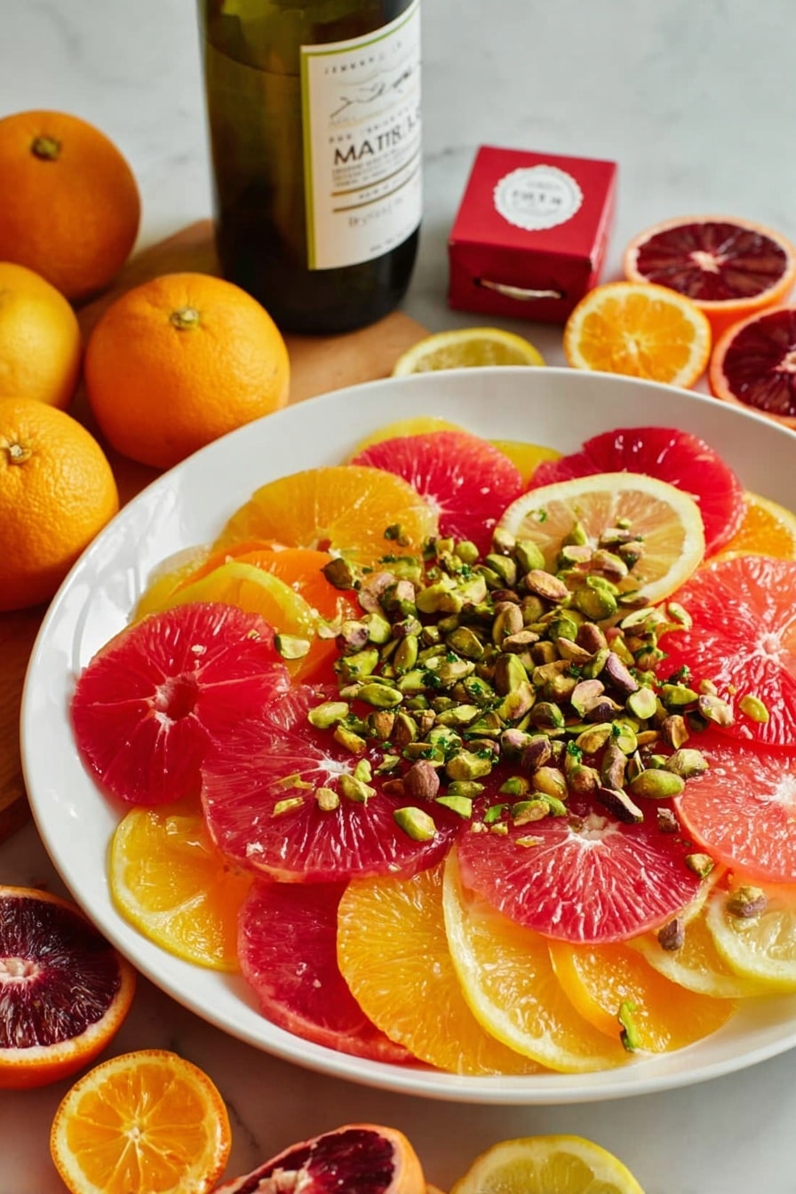 A white plate filled with layers of round citrus slices in bright red, pink, and orange tones, arranged in an overlapping pattern. On top, a generous scattering of green pistachio nuts adds texture and color contrast. Around the plate, halved citrus fruits in shades of red, yellow, and orange create a vibrant background. Behind the plate, a bottle with a white and green label and a small red box are visible, all set on a white marbled surface. Photo taken with an iphone --ar 2:3 --v 7 - Spicy Citrus Salad with Pistachios, citrus salad with pistachios, spicy citrus fruit salad, quick healthy citrus salad, flavorful pistachio salad