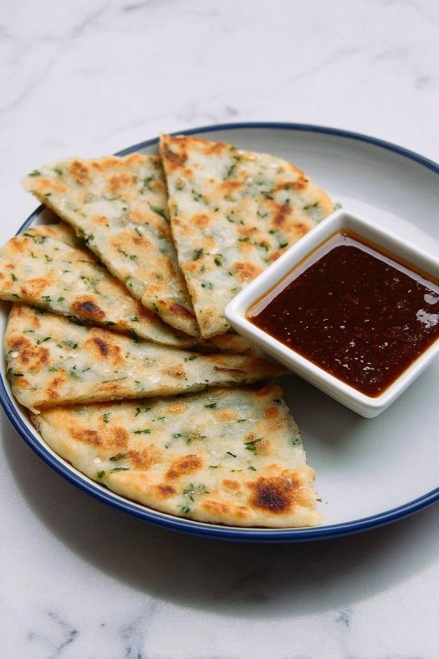 The image shows four pieces of flatbread-like food arranged in a fan shape on a white plate with a blue inside. The flatbreads are light golden-brown with some green herbs visible in the dough, showing a soft and slightly bumpy texture. On the plate, near the upper-right side of the flatbreads, there is a small white square bowl filled with a dark brown sauce that looks smooth and glossy. The plate is placed on a white marbled surface, creating a clean and simple background. photo taken with an iphone --ar 2:3 --v 7 - Chinese Scallion Pancakes, scallion pancake recipe, Chinese street food snacks, crispy scallion pancakes, easy Chinese pancakes