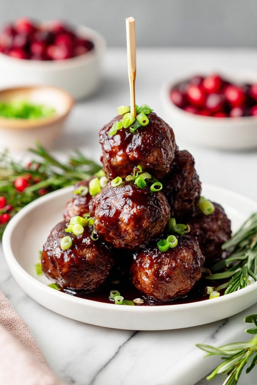 The image shows a white plate stacked with five meatballs covered in dark, shiny sauce, each meatball decorated with small, bright green chopped scallions. Two of the meatballs are pierced with thin wooden sticks sticking straight up. The plate sits on a white marble surface, surrounded by small bowls filled with red cranberries and green scallions, and a bunch of fresh rosemary with red berries on the side. The background is softly blurred, keeping the focus on the rich texture and color of the meatballs. photo taken with an iphone --ar 2:3 --v 7 - Cranberry BBQ Turkey Meatballs, turkey meatball recipe, cranberry barbecue sauce, easy appetizer ideas, flavorful meatball recipes