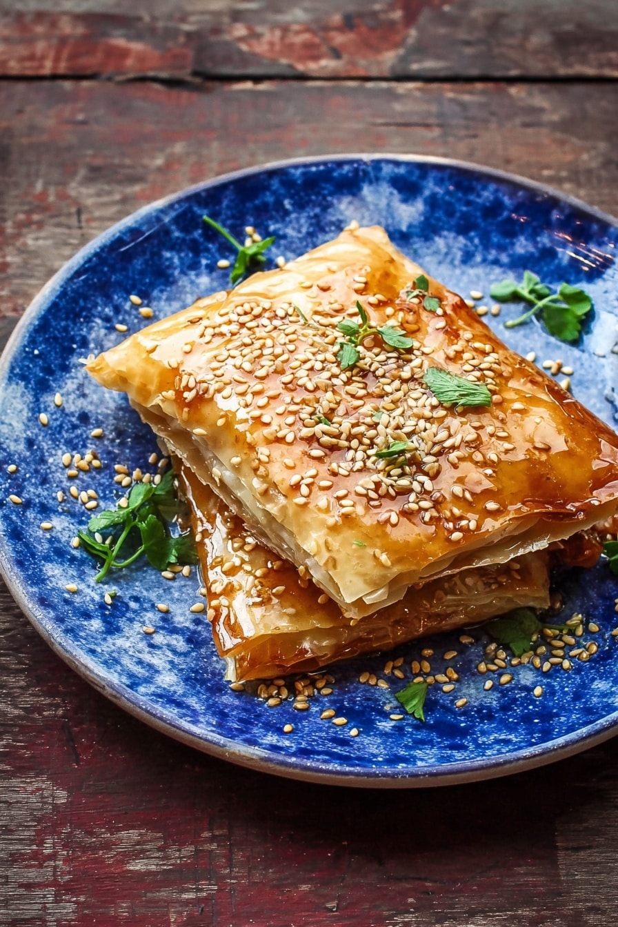 Two golden brown folded layers of thin crispy pastry sit on a white plate with a deep blue pattern. The top layer is sprinkled with crunchy light brown sesame seeds and small fresh green herb leaves scattered around and on the pastry. A glossy honey-like glaze shines on the surface, adding a sticky texture. The plate rests on a rough dark wooden surface with a rustic look. The light catches the sesame seeds and glaze, making the food look fresh and inviting. photo taken with an iphone --ar 2:3 --v 7 - Baked Feta in Crispy Phyllo with Honey, crispy feta appetizer, savory honey feta bites, easy baked feta dish, Greek-inspired feta appetizer