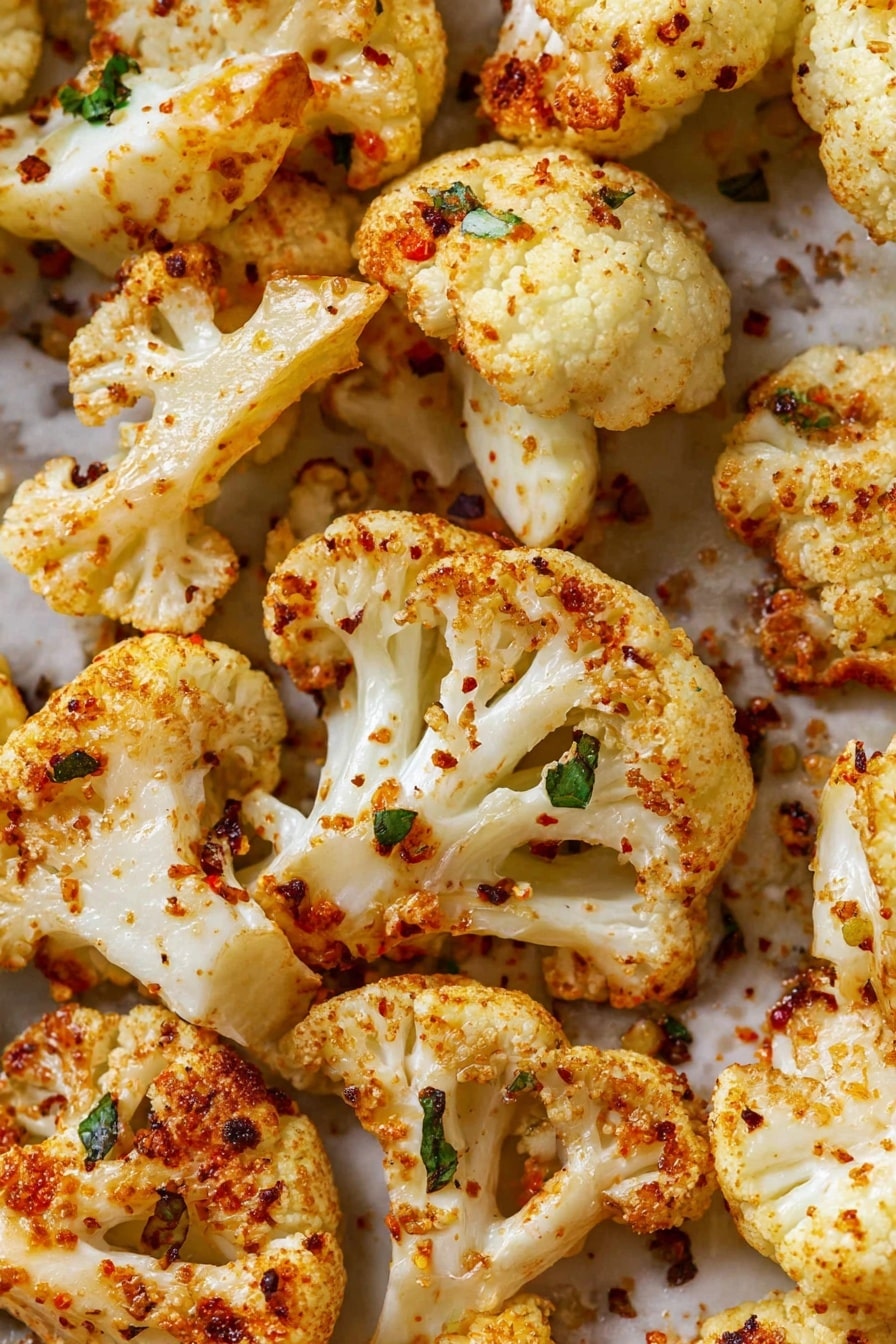 The image shows close-up roasted cauliflower pieces on a white marbled surface. The cauliflower pieces are cut into medium-sized florets with a mix of creamy white and lightly browned textures from roasting. They are sprinkled with reddish spices and small green herbs, with a slight oily shine suggesting seasoning. The edges of the cauliflower are slightly charred and crispy, adding a textured contrast to the soft inner parts. photo taken with an iphone --ar 2:3 --v 7 - Easy Oven Roasted Cauliflower, roasted cauliflower side dish, crispy cauliflower recipe, simple vegetable recipes, healthy oven roasted cauliflower