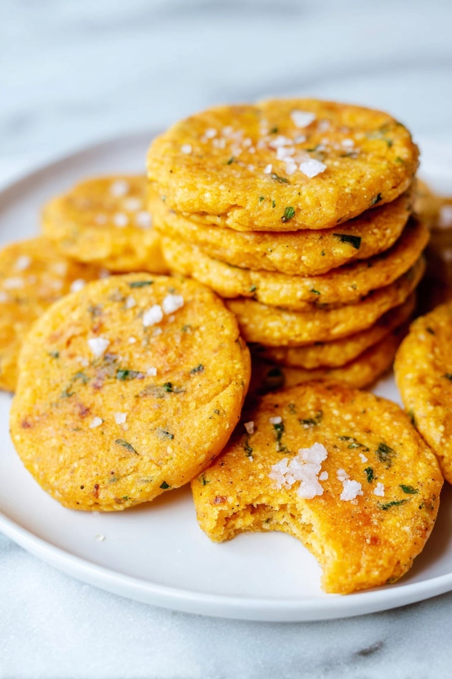 A white plate holds a stack of round, golden yellow patties with small green herb bits visible throughout. Each patty has a rough, slightly crumbly texture and is topped with coarse white salt flakes that catch the light. One patty in the front has a small bite taken out, revealing a consistent texture inside. The plate is set on a white marbled surface that adds a soft, elegant backdrop to the warm colors of the patties. photo taken with an iphone --ar 2:3 --v 7 - Chipotle Cheddar Crackers, smoky cheddar cheese crackers, spicy cheese crackers, easy homemade snack, savory cracker recipes
