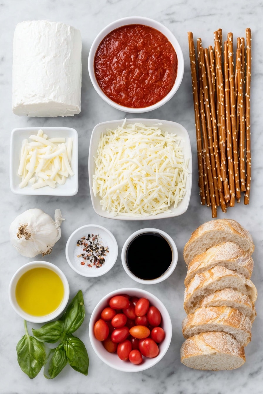 Flat lay of a small log of plain goat cheese, a small mound of shredded mozzarella cheese, a small mound of shredded asiago cheese, a wedge of cream cheese, a small white bowl filled with rich red marinara sauce, a small white bowl of coarse sea salt, a small white bowl of freshly ground black pepper, two cloves of garlic peeled and whole, a small white bowl of dark balsamic vinegar, a simple handful of bright red cherry tomatoes, a small white bowl of golden olive oil, a few fresh green basil leaves, a pinch of crushed red pepper flakes scattered, several slices of rustic crusty bread arranged neatly, a handful of bright orange carrot sticks, some raw green broccoli florets, crisp pale green celery sticks, and a few long pretzel rods, all placed on a clean white marble surface, soft natural light, photo taken with an iPhone, professional food photography style, fresh ingredients, white ceramic bowls, no bottles, no duplicates, no utensils, no packaging --ar 2:3 --v 7 --p m7354615311229779997 - Baked Goat Cheese Dip with Tomatoes, creamy goat cheese dip, easy appetizer recipes, tomato cheese dip, party dip ideas