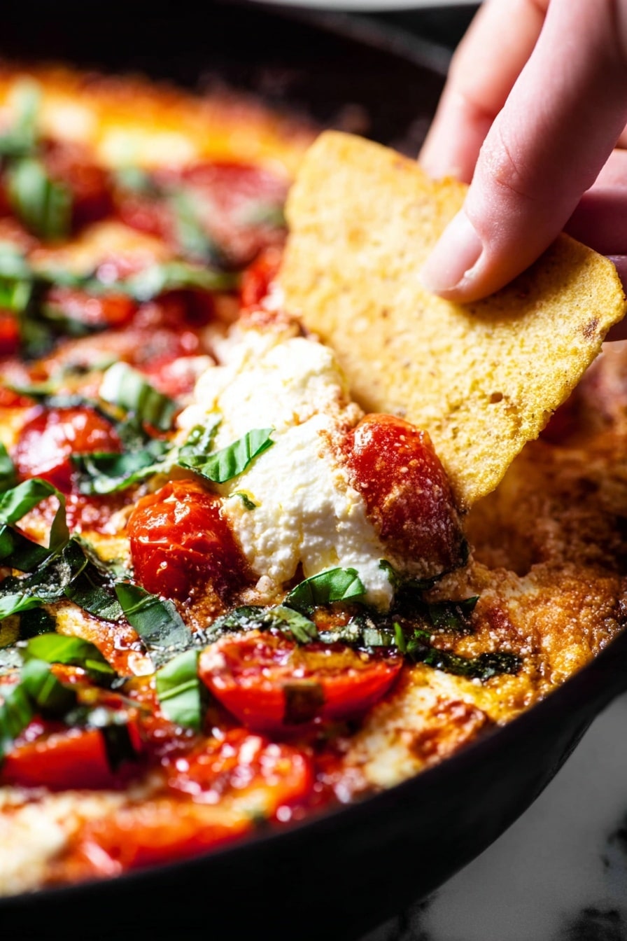 A close-up shows a toasted golden brown triangular chip dipping into a layered dish inside a black pan. The dish has bright red cherry tomatoes and fresh green basil pieces spread on top. A creamy white cheese layer with a smooth, slightly browned texture covers the base, with hints of tomato sauce peeking out around the edges. The white marbled textured surface beneath the pan contrasts softly with the colors. Woman's hand holds the chip gently as it scoops through the dish, pulling up creamy cheese mixed with juicy tomatoes and basil leaves. photo taken with an iphone --ar 2:3 --v 7 - Baked Goat Cheese Dip with Tomatoes, creamy goat cheese dip, easy appetizer recipes, tomato cheese dip, party dip ideas