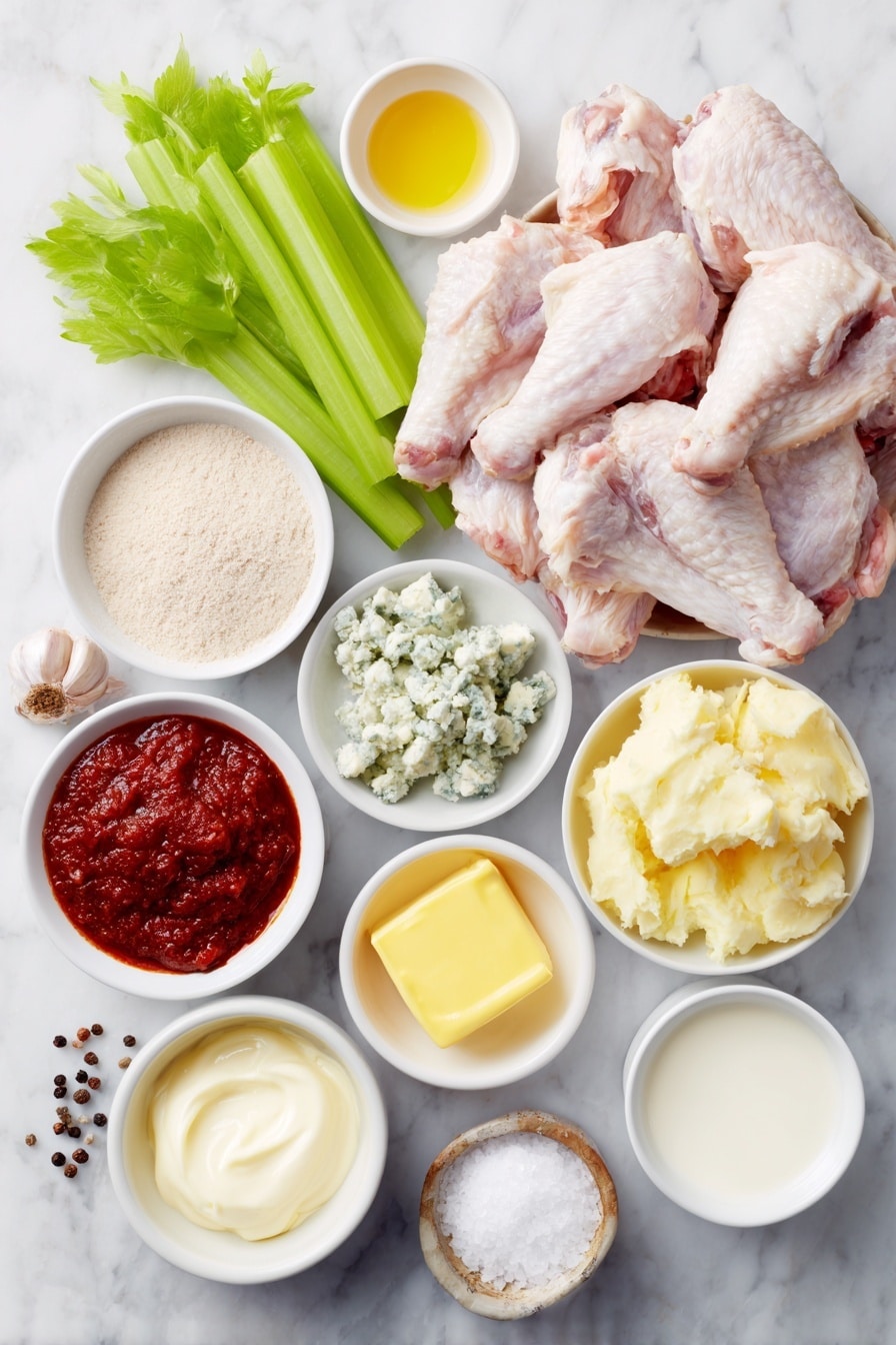 Flat lay of fresh raw chicken wings with wingettes and drumettes arranged neatly, a small mound of light beige baking powder, coarse kosher salt crystals scattered lightly, a few celery sticks with bright green leaves, a small white ceramic bowl of melted golden unsalted butter, another white bowl filled with vibrant red hot sauce, a little heap of rich brown sugar, a white bowl with crumbly pale blue cheese, a small bowl of creamy sour cream, a small bowl of smooth mayonnaise, a single peeled garlic clove, a small white bowl holding fresh milk, a white bowl with clear lemon juice, and some whole black peppercorns, all placed on a clean white marble surface, soft natural light, photo taken with an iPhone, professional food photography style, fresh ingredients, white ceramic bowls, no bottles, no duplicates, no utensils, no packaging --ar 2:3 --v 7 --p m7354615311229779997 - Crispy Oven-Baked Buffalo Wings, oven baked buffalo wings, crispy buffalo chicken wings, spicy baked wings, homemade buffalo wings