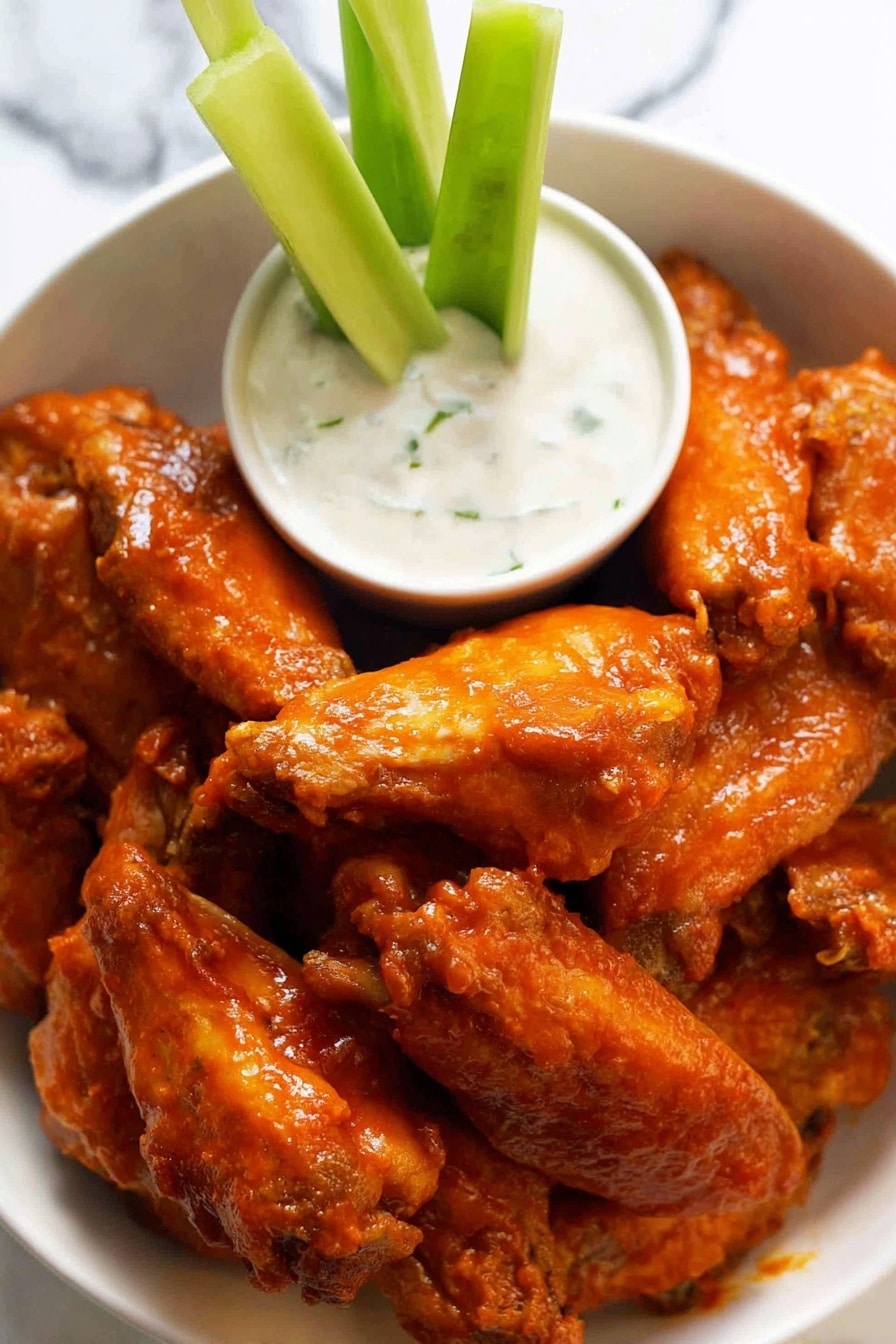 The image shows a white bowl filled with many orange-coated chicken wings stacked closely together, with a glossy texture on the wings showing the sauce. In the middle of the bowl, there is a small white bowl of creamy white dipping sauce topped with three green celery sticks standing upright inside it. The background is a white marbled surface. Photo taken with an iphone --ar 2:3 --v 7 - Crispy Oven-Baked Buffalo Wings, oven baked buffalo wings, crispy buffalo chicken wings, spicy baked wings, homemade buffalo wings