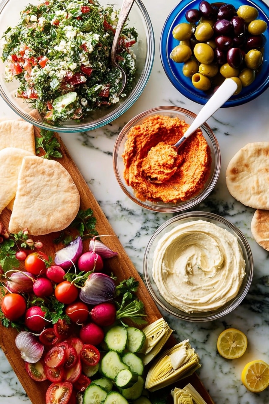 A medium glass bowl at the top left holds a chopped salad with green herbs and red tomato pieces, with a silver spoon inside. To its right, a smaller glass bowl contains red-orange spread with a white spatula resting in it. Above this, a small glass bowl is filled with various olives in green, yellow, and dark purple. Below the spread bowl, another medium glass bowl has a creamy white dip with a smooth, swirled texture. Toward the bottom left, pieces of round pita bread are placed next to a wooden board with vibrant small red and purple tomatoes, pointed green radishes with white tips, green cucumber slices, and pale yellow artichoke quarters. Scattered lemon wedges are visible at the bottom right corner. The entire setup is on a white marbled surface. Photo taken with an iphone --ar 2:3 --v 7 - Mediterranean Mezze Platter, Mediterranean Mezze Platter Recipe, Mediterranean Appetizer, Mediterranean Food Platter, Middle Eastern Mezze Platter