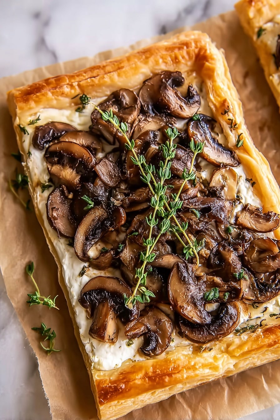 A rectangular puff pastry tart with a golden, flaky crust forms the base layer. On top of the crust is a smooth, creamy white cheese layer that covers the middle part of the tart. The cheese layer is topped with a generous amount of cooked brown mushroom slices with a slightly glossy texture. Two sprigs of fresh green thyme rest on top of the mushrooms, adding a fresh contrast. The tart is placed on parchment paper over a white marbled surface. photo taken with an iphone --ar 2:3 --v 7 - Mushroom and Goat Cheese Puff Pastry Tart, mushroom goat cheese tart, easy mushroom tart, puff pastry tart recipes, vegetarian appetizer recipes