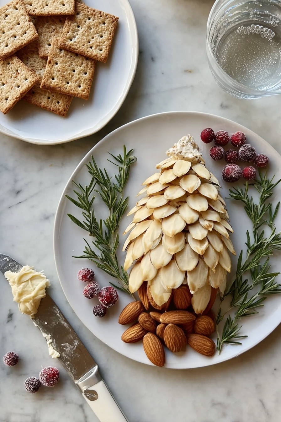 A white plate holds a cheese shaped like a pinecone, covered with thin almond slices in layered rows to mimic pinecone scales, with creamy cheese visible at the base layer. Next to it, whole almonds are neatly placed in a row. Fresh rosemary sprigs with frosted red cranberries decorate the top edge of the plate. Nearby, a smaller white plate has three square crackers, two topped with some creamy cheese and almond slices, and two plain crackers. A single frosted cranberry sits on the small plate’s edge. A knife with a white handle and some cheese on the blade rests on the white marbled surface near the plates. A clear glass of water is partly visible at the top right corner. photo taken with an iphone --ar 2:3 --v 7 - Pinecone Cheese Ball, festive cheese ball, holiday appetizer, cheese ball with herbs, easy cheese ball recipe