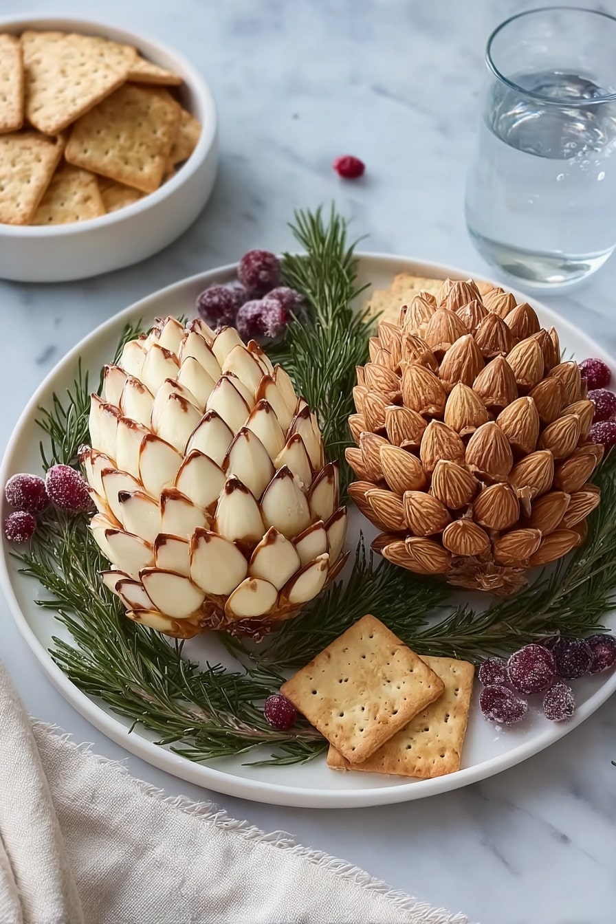 Two pinecone-shaped cheese balls sit side by side on a white plate. The left cheese ball is decorated with overlapping light almond slices edged with brown, creating a textured pinecone look. The right cheese ball has whole brown almonds tightly packed, also shaped like a pinecone. Both cheese balls rest on a bed of dark green rosemary sprigs, with frosted red and purple cranberries scattered among the herbs. Near the cheese balls, a few square crackers lie on the white marbled surface. A white bowl filled with more square crackers and a glass of water are partially visible in the background. The corner of a white cloth is visible at the bottom of the scene. Photo taken with an iphone --ar 2:3 --v 7 - Pinecone Cheese Ball, festive cheese ball, holiday appetizer, cheese ball with herbs, easy cheese ball recipe
