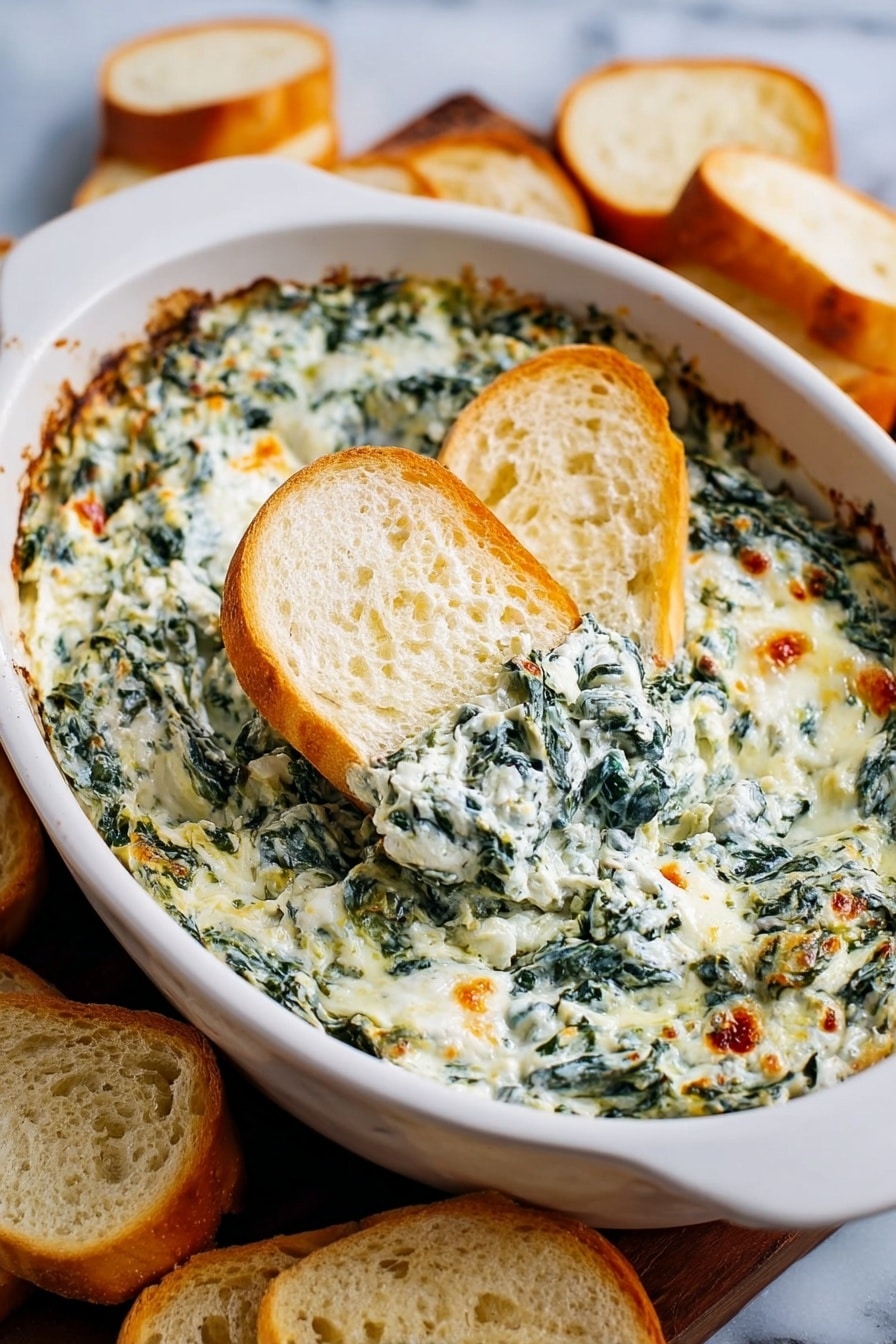 A white baking dish filled with a creamy spinach dip that has a mix of green spinach leaves and melted white cheese with some light brown spots on top. Two slices of white bread are placed dipped into the dip near the center, showing the thick texture of the spinach mix. Around the dish, more slices of white bread are stacked, all on a white marbled surface. The creamy dip looks soft and mixed well with green and white colors, with some small bits of orange and brown. Photo taken with an iphone --ar 2:3 --v 7 - Easy Baked Spinach Dip, spinach dip appetizer, cheesy spinach dip, quick spinach dip recipe, baked spinach dip for parties