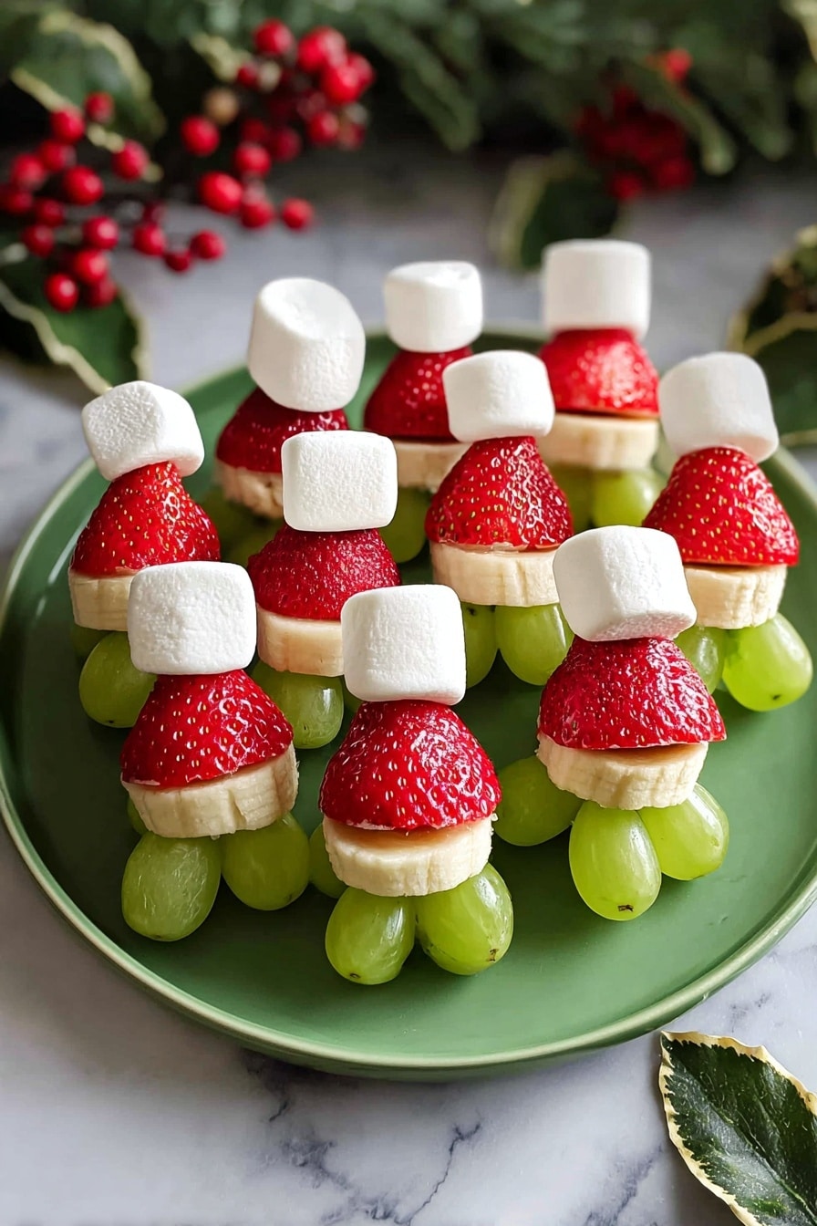 A round green plate holds a pile of small fruit snacks arranged like Santa hats. Each snack is made of four layers: a green grape at the bottom, a banana slice above the grape, a red strawberry placed upside-down on top of the banana slice, and a small white marshmallow on the very top to look like a hat pom-pom. The plate sits on a white marbled surface, with green leaves and red berries surrounding the plate in the background, giving a festive and fresh look. Photo taken with an iphone --ar 2:3 --v 7 - Grinch Fruit Kabobs, festive fruit skewers, holiday kids snacks, easy healthy party food, colorful holiday treats