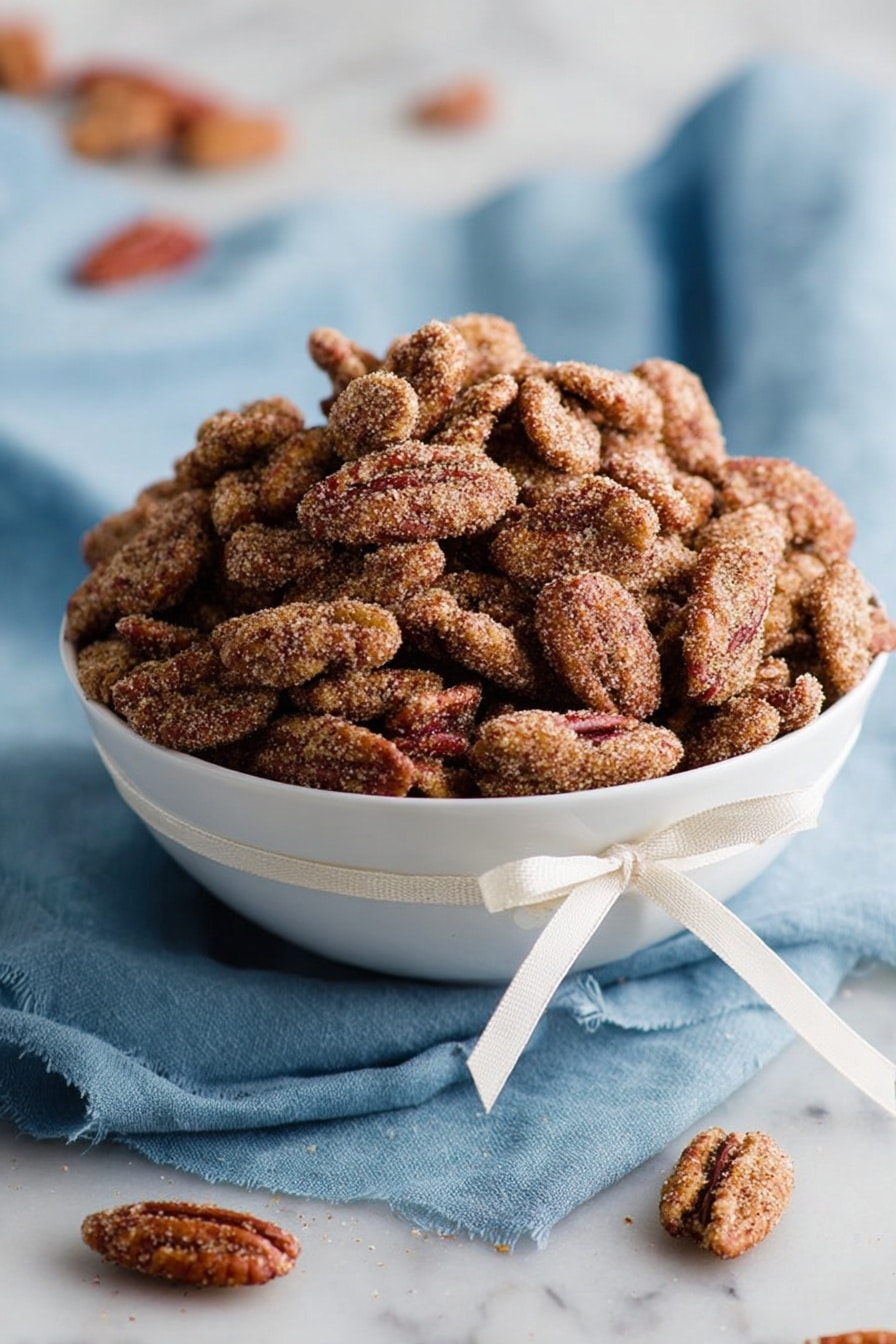 A white bowl filled with a large pile of cinnamon sugar coated pecans, the nuts showing a rough, sugary texture in shades of brown and tan. The bowl is tied with a simple white ribbon and sits on a soft, blue cloth with folds. A few pecans are scattered around the bowl on a white marbled surface. The background is softly blurred, emphasizing the bowl of nuts. photo taken with an iphone --ar 2:3 --v 7 - Cinnamon Sugar Candied Pecans, candied pecans, sweet pecan snacks, crunchy pecan treats, homemade candied nuts