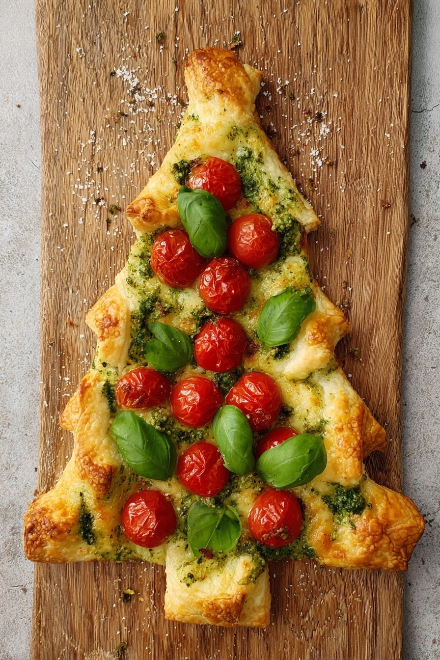 The dish is shaped like a Christmas tree on a wooden surface. It has a base layer of golden-baked puff pastry forming the tree shape with jagged edges on both sides. On top of this pastry, there are bright red cherry tomatoes arranged in two lines running vertically down the tree. Fresh green basil leaves are scattered evenly among the tomatoes, adding lively color. Some green pesto sauce is spread on the puff pastry edges and top tip of the tree. The pastry looks flaky and light with a slightly crispy texture. The white marbled surface is visible only a little at the edges. Photo taken with an iphone --ar 2:3 --v 7 - Puff Pastry Christmas Tree Appetizer, festive holiday appetizer, easy Christmas party snack, puff pastry holiday recipe, Christmas appetizer ideas