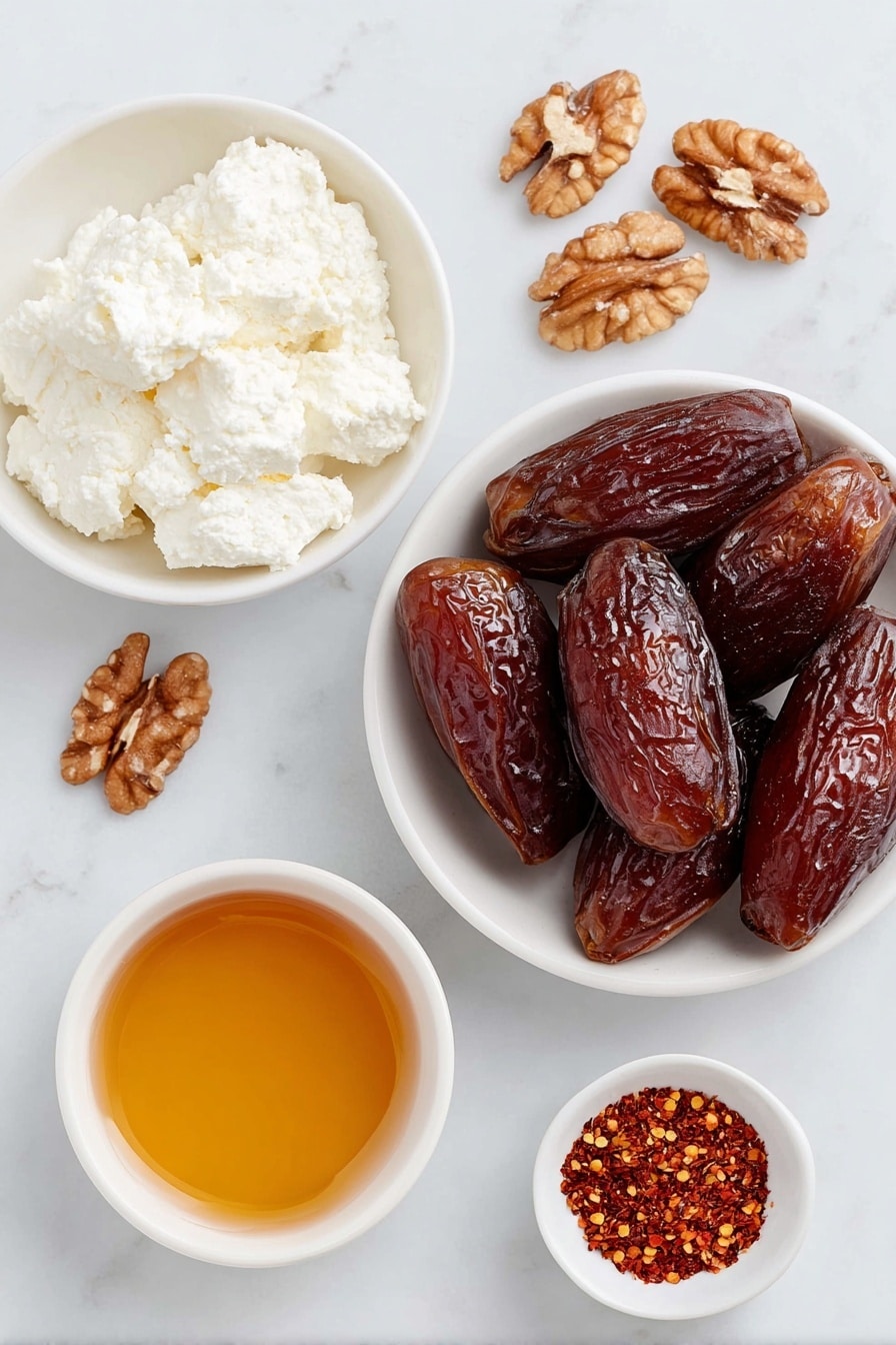 Flat lay of large glossy Medjool dates with smooth brown skins, a small mound of creamy soft white goat cheese, a scattering of irregular walnut halves with rich brown textures, a small white ceramic bowl filled with golden warm honey, and a tiny white bowl containing vibrant red pepper flakes, all arranged in perfect symmetry on a clean white marble surface, soft natural light, photo taken with an iPhone, professional food photography style, fresh ingredients, white ceramic bowls, no bottles, no duplicates, no utensils, no packaging --ar 2:3 --v 7 --p m7354615311229779997 - Stuffed Medjool Dates with Goat Cheese and Walnuts, Medjool date appetizer with goat cheese and walnuts, easy stuffed date recipes, elegant party appetizers, healthy finger foods