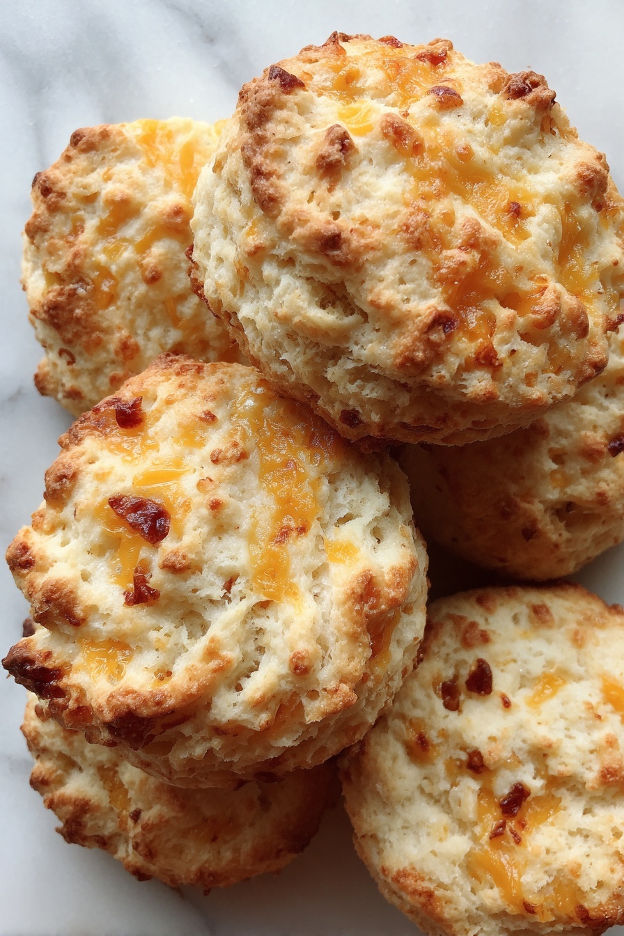 A close-up view of several round biscuits piled together, each biscuit having a rough, crumbly texture with visible chunks of melted light orange cheese and small bits of browned ingredients throughout. The biscuits show a mix of creamy beige and golden-brown colors, with an uneven surface and soft edges. The background is a white marbled texture. Photo taken with an iphone --ar 2:3 --v 7 - Easy Bisquick Sausage Balls, sausage balls appetizer, cheesy sausage bites, easy party snacks, quick sausage appetizers