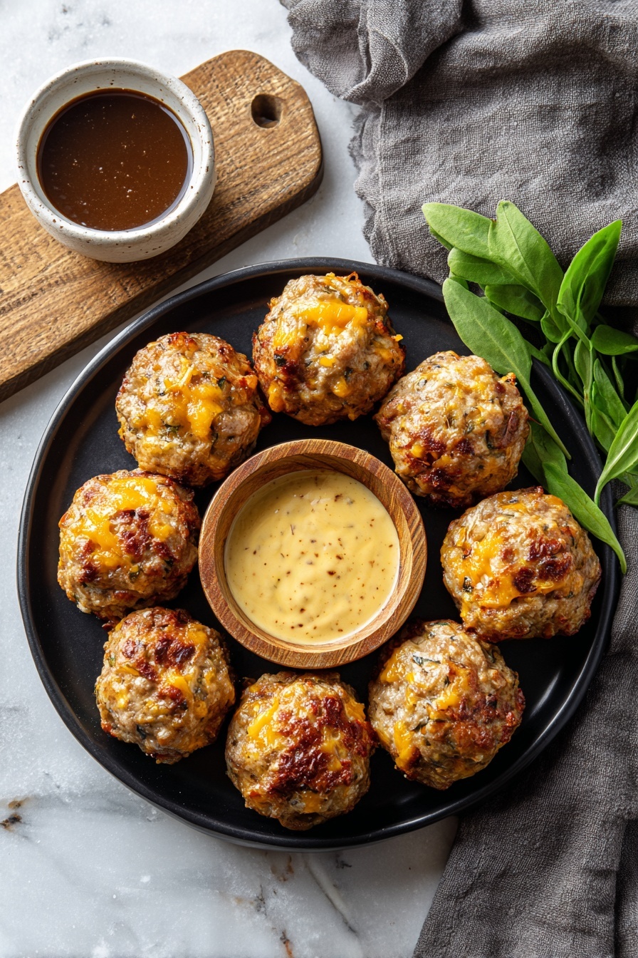 A black round plate sits on a white marbled surface, holding ten baked meatballs that are golden brown with bits of orange cheese visible in each one. In the center of the plate is a small wooden bowl filled with creamy, light yellow dipping sauce that has a speckled texture. To the upper left of the plate, there is another small white bowl filled with thick dark brown sauce, resting on a wooden board and grey cloth. Fresh green herbs are placed to the upper right side of the plate. The scene is well-lit, showing the textures and colors clearly, photo taken with an iphone --ar 2:3 --v 7 - Easy Bisquick Sausage Balls, sausage balls appetizer, cheesy sausage bites, easy party snacks, quick sausage appetizers
