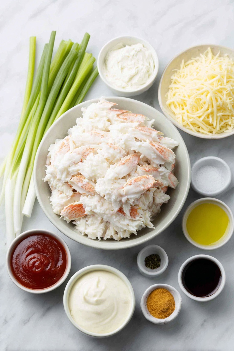 Flat lay of fresh lump blue crab meat in a simple white ceramic bowl, a small white bowl of smooth cream cheese, a small white bowl filled with grated sharp cheddar cheese, a small white bowl of thick sour cream, thinly sliced green and white scallions arranged neatly on the side, a small white bowl of creamy mayonnaise, a small white bowl containing bright red hot sauce, a small white bowl with smooth Dijon mustard, a small white bowl with fresh lemon juice, a small white bowl with coarse Old Bay seasoning, a small white bowl with dark Worcestershire sauce, a small white bowl of pale garlic powder, a small white bowl of vivid red cayenne pepper, all placed symmetrically on a clean white marble surface, soft natural light, photo taken with an iPhone, professional food photography style, fresh ingredients, white ceramic bowls, no bottles, no duplicates, no utensils, no packaging --ar 2:3 --v 7 --p m7354615311229779997 - Spicy Maryland Crab Dip, Maryland crab dip, spicy crab dip, Chesapeake Bay seafood dip, crab dip with Old Bay seasoning