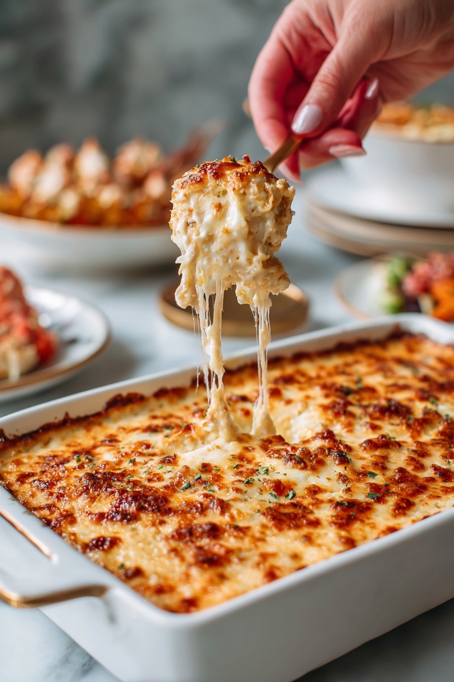 A woman’s hand holds a scoop of cheesy baked dish above a white rectangular baking dish filled with a golden brown, bubbly cheese layer on top. The cheese is melted and slightly browned, showing a stretchy texture as it pulls away from the dish. The background shows part of a white marbled surface and blurred plates with food on them. The overall look is warm, rich, and inviting. photo taken with an iphone --ar 2:3 --v 7 - Spicy Maryland Crab Dip, Maryland crab dip, spicy crab dip, Chesapeake Bay seafood dip, crab dip with Old Bay seasoning