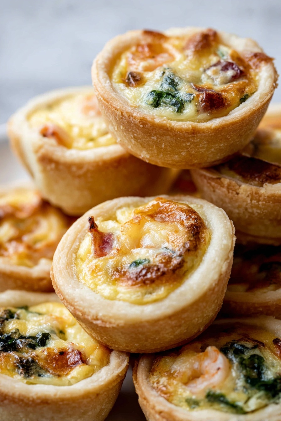 The image shows a close-up of many small savory mini quiches stacked together. Each mini quiche has a light golden brown, slightly crispy crust that forms a thick, round base and sides. Inside the crust, the filling has a creamy yellow color with slightly browned spots on top, indicating melted cheese. There are bits of green leafy vegetables and pinkish chunks, likely small pieces of shrimp or ham, embedded within the soft filling. The texture of the filling looks smooth and fluffy with a few browned edges around the top for a baked effect. The mini quiches are placed on a white marbled surface. photo taken with an iphone --ar 2:3 --v 7 - Mini Quiche Bites Flaky Pie Crust, mini quiche recipes, savory snack ideas, brunch finger foods, easy appetizer recipes