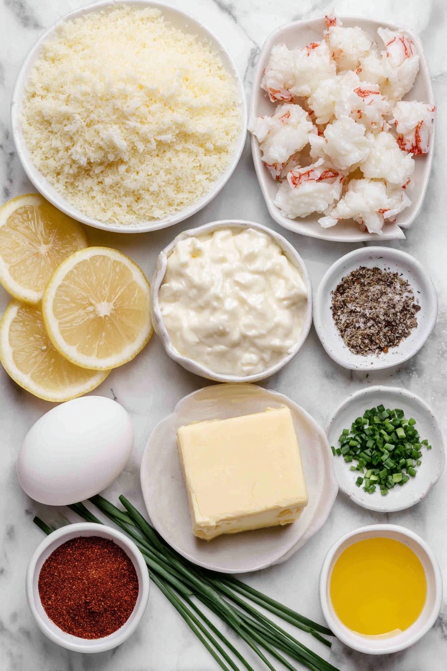 Flat lay of a small mound of golden panko bread crumbs, a small pile of finely grated parmesan cheese, a few chunks of bright white lump crab meat, a wedge of creamy white cream cheese, one whole large egg with a clean shell, a small white bowl filled with pale cream-colored mayonnaise, a small white bowl holding thick white sour cream, a small white bowl with melted golden butter, a few thin lemon wedges with bright yellow rind and juicy interiors, a small heap of finely chopped fresh green chives, a small white bowl containing bright yellow lemon juice, a small white bowl of smoky red paprika powder, a small white bowl of pale beige garlic powder, a small white bowl of reddish-brown old bay seasoning, and scattered coarse white salt crystals and mixed black and white peppercorns – all arranged in perfect symmetry on a simple white ceramic plates and bowls, placed on a clean white marble surface, soft natural light, photo taken with an iPhone, professional food photography style, fresh ingredients, white ceramic bowls, no bottles, no duplicates, no utensils, no packaging --ar 2:3 --v 7 --p m7354615311229779997 - Mini Crab Cake Bites, Crab Cake Bites, Mini Crab Cakes Appetizer, Seafood Party Bites, Easy Crab Cake Recipes